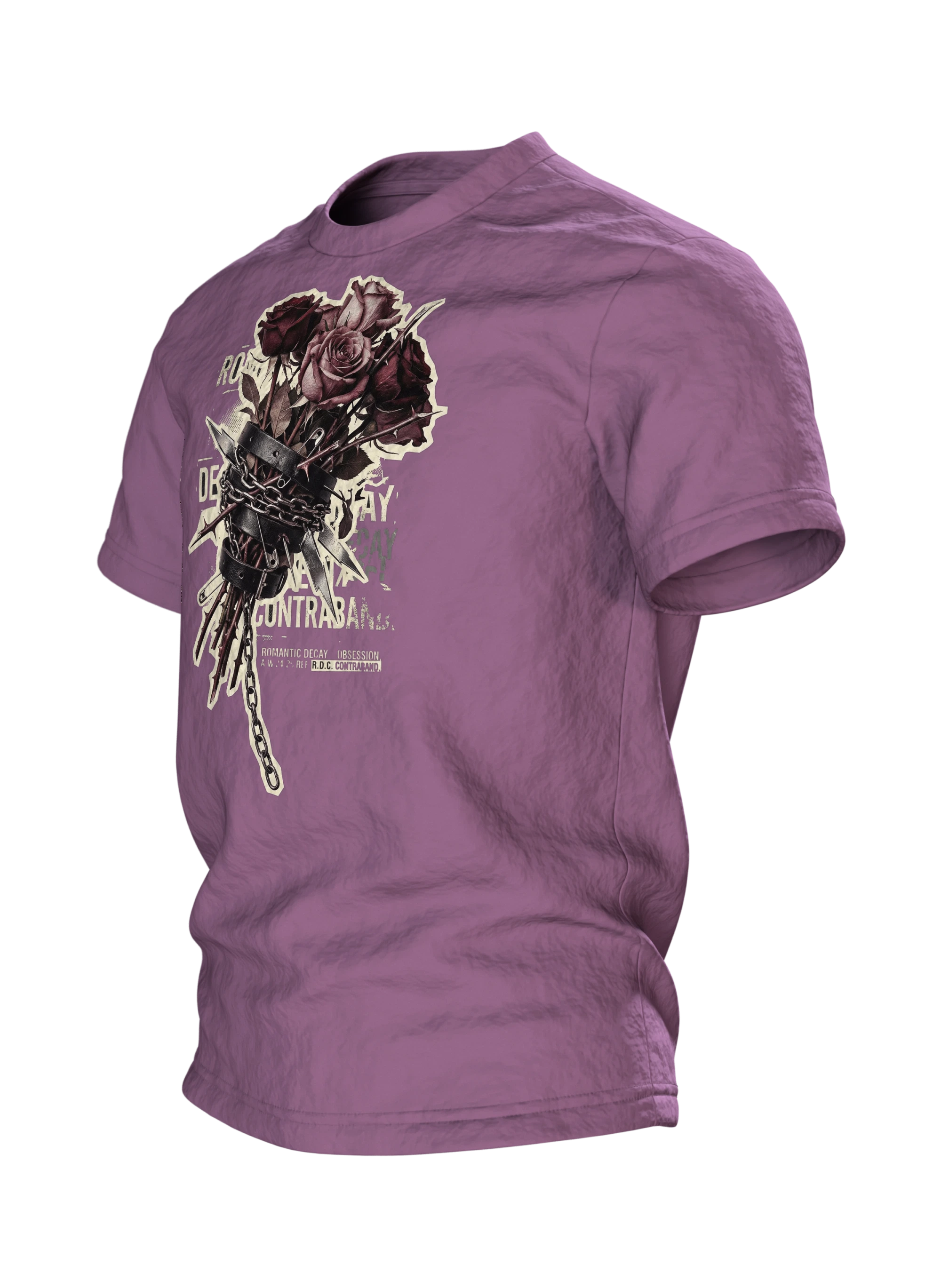 Romantic Decay T-Shirt, Rosen in Leder und Ketten mit Exploded-View-Rücken, Seitenansicht rechts