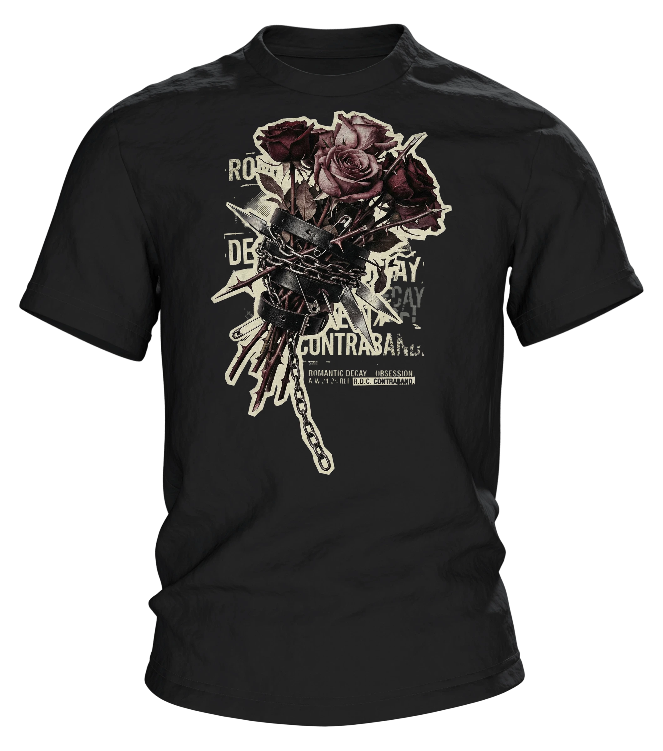 Romantic Decay T-Shirt, Rosen in Leder und Ketten mit Exploded-View-Rücken