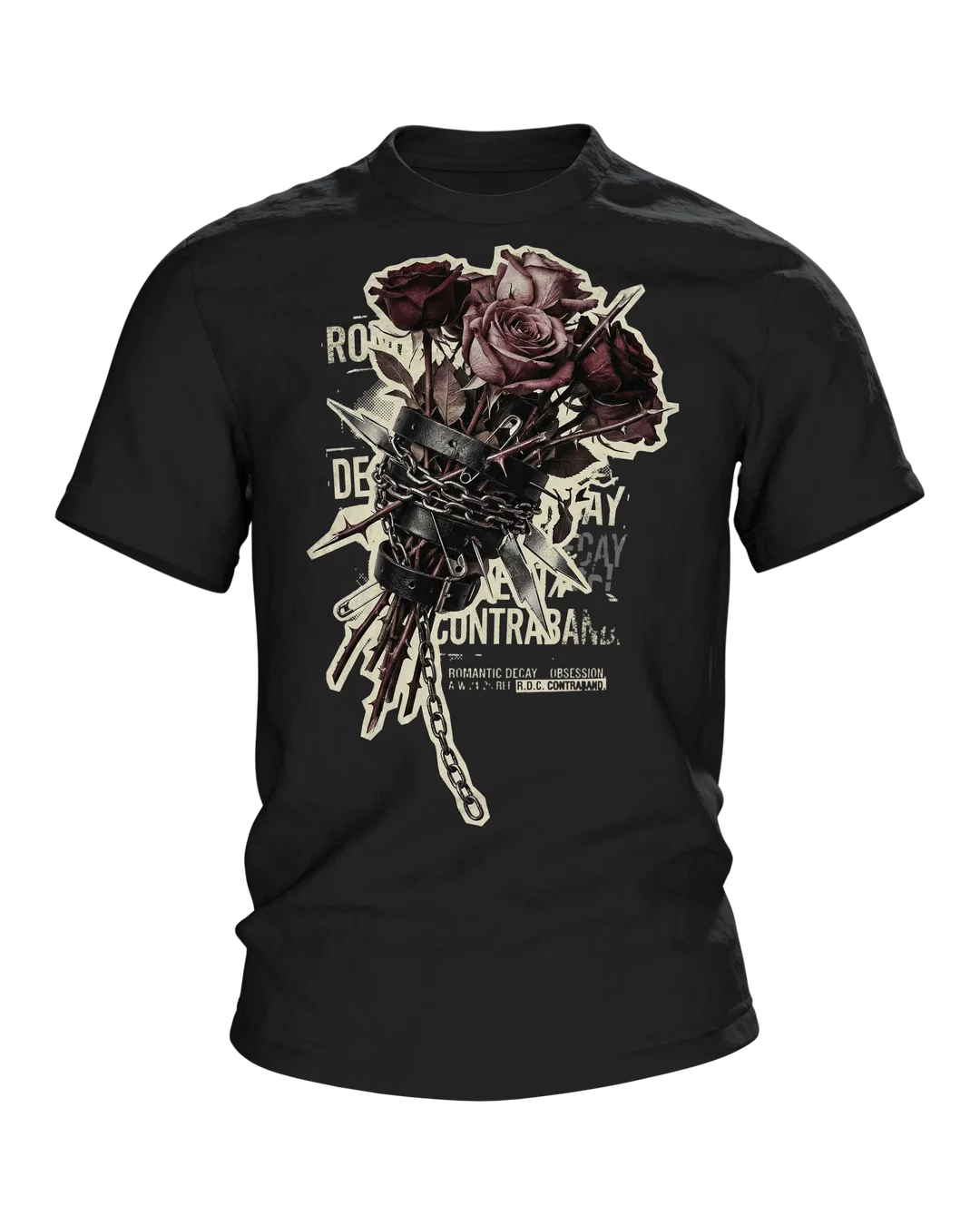 Romantic Decay T-Shirt, Rosen in Leder und Ketten mit Exploded-View-Rücken
