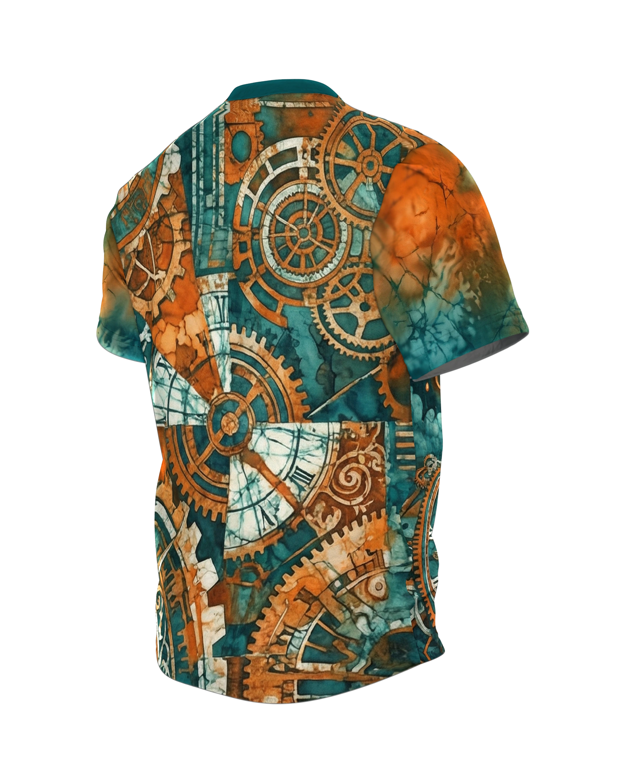 Steampunk Uhrwerk T-Shirt: Kosmische Mechanik, Rückseite schräg links