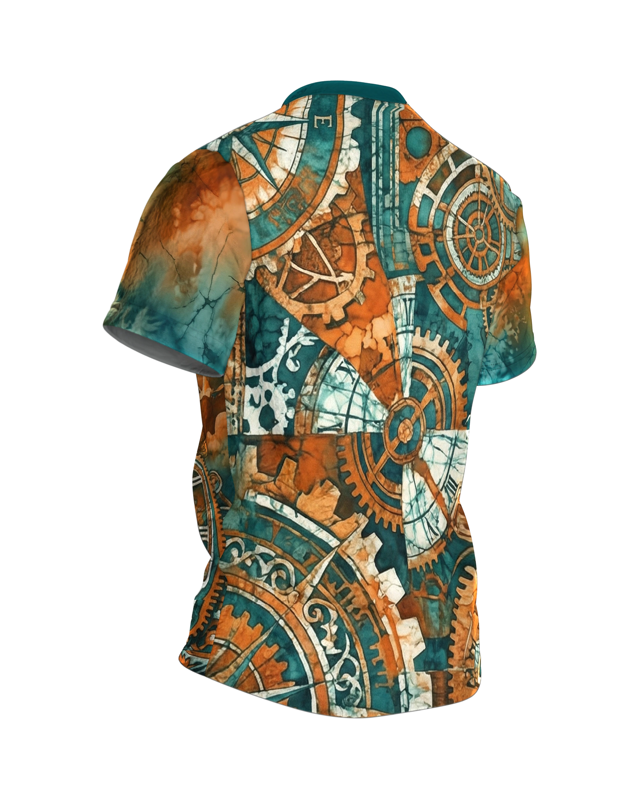 Steampunk Uhrwerk T-Shirt: Kosmische Mechanik, Rückseite schräg rechts