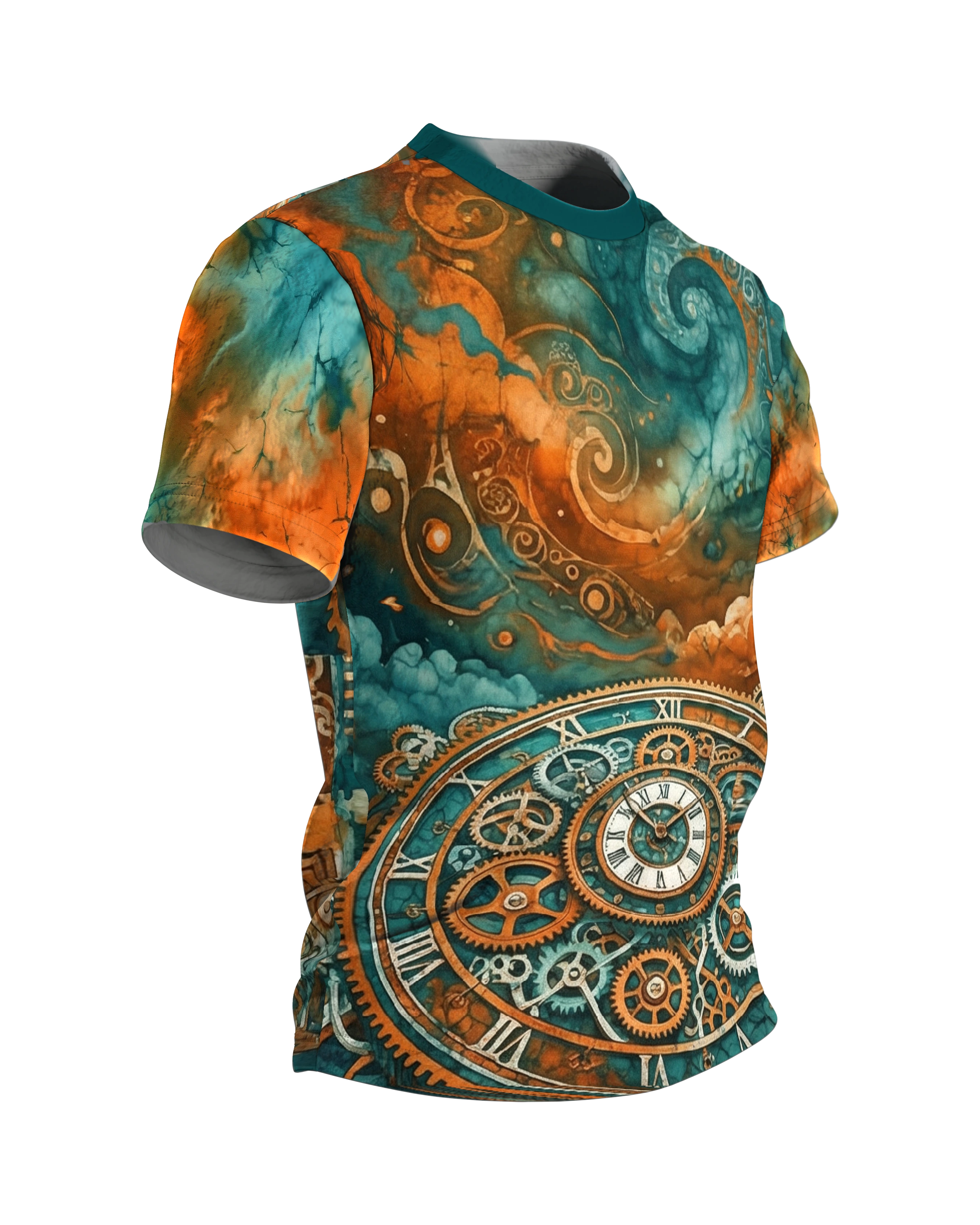 Steampunk Uhrwerk T-Shirt: Kosmische Mechanik, Seitenansicht links