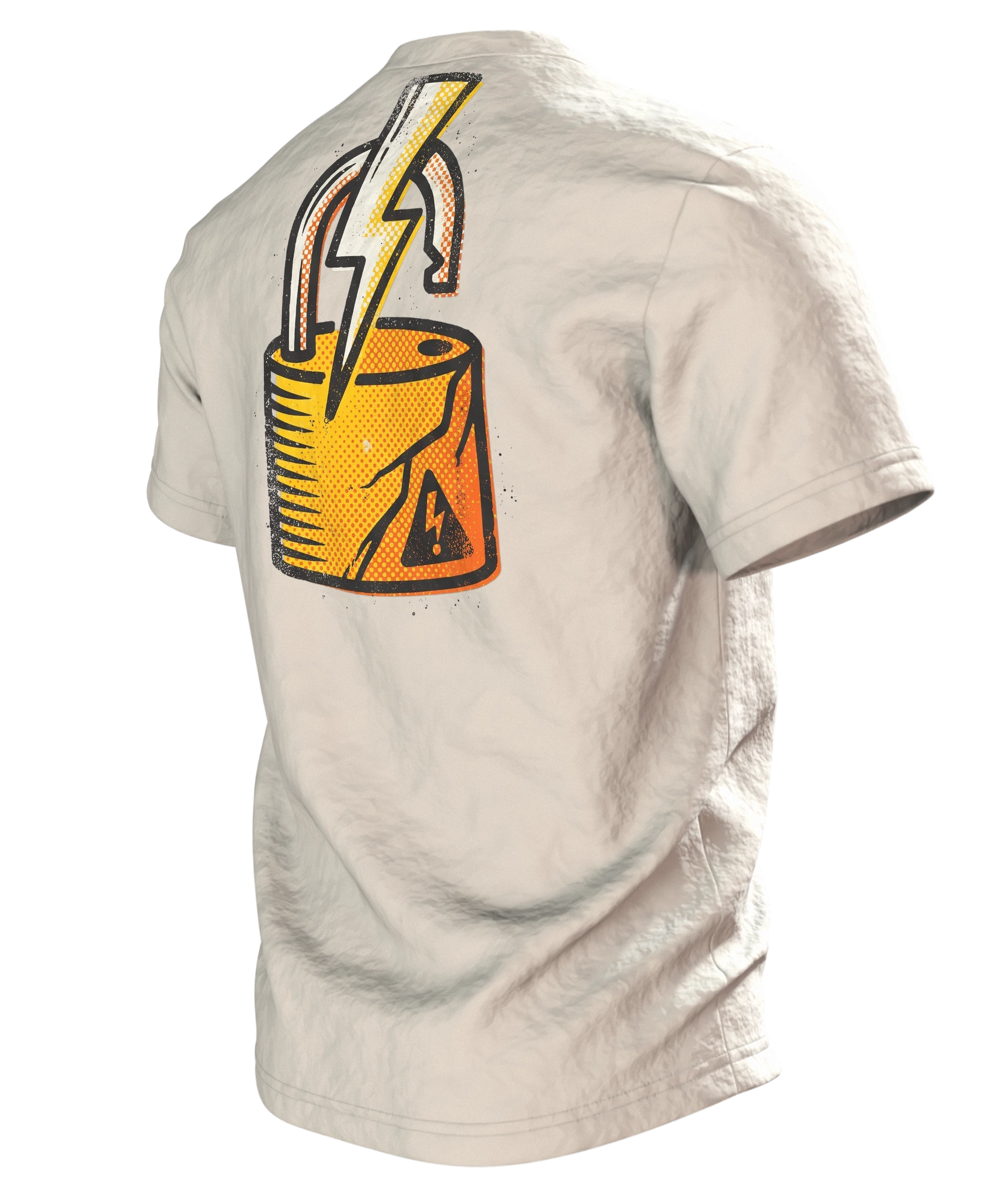 Elektriker Comic T-Shirt "Vertrau mir, ich bin fast Elektriker", versengter Held im Warndreieck, Rückseite schräg links