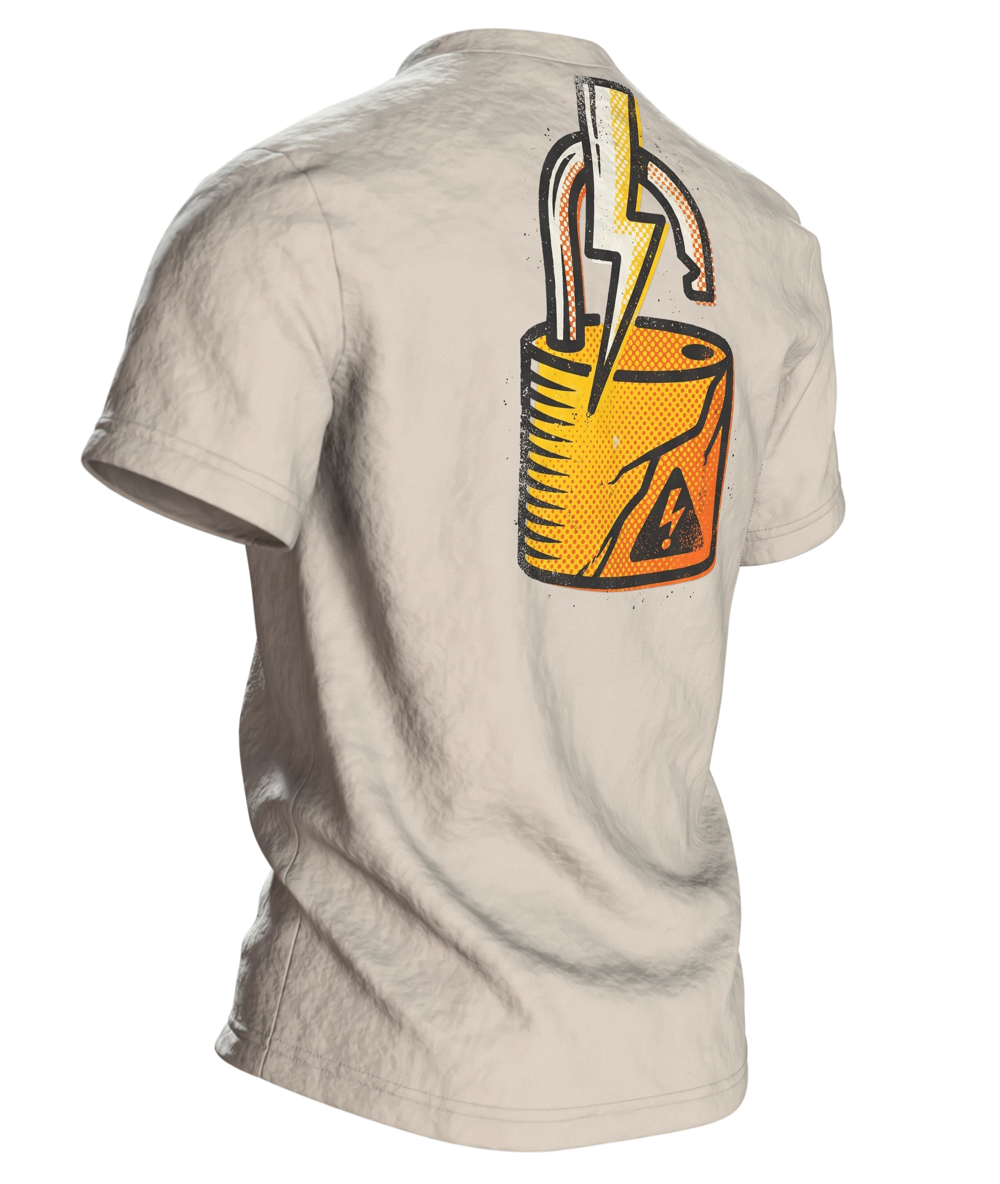Elektriker Comic T-Shirt "Vertrau mir, ich bin fast Elektriker", versengter Held im Warndreieck, Rückseite schräg rechts