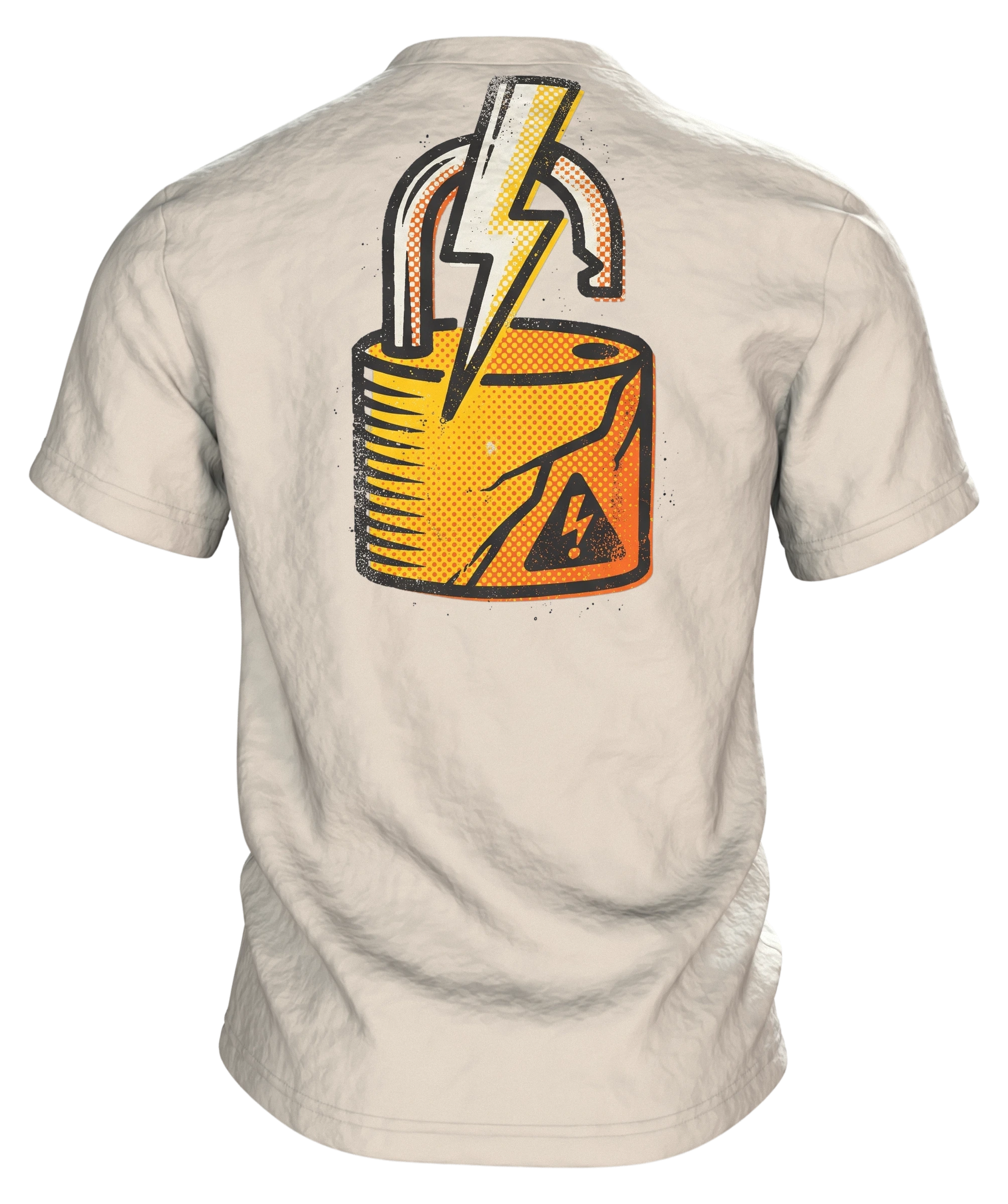 Elektriker Comic T-Shirt "Vertrau mir, ich bin fast Elektriker", versengter Held im Warndreieck, Rückseite