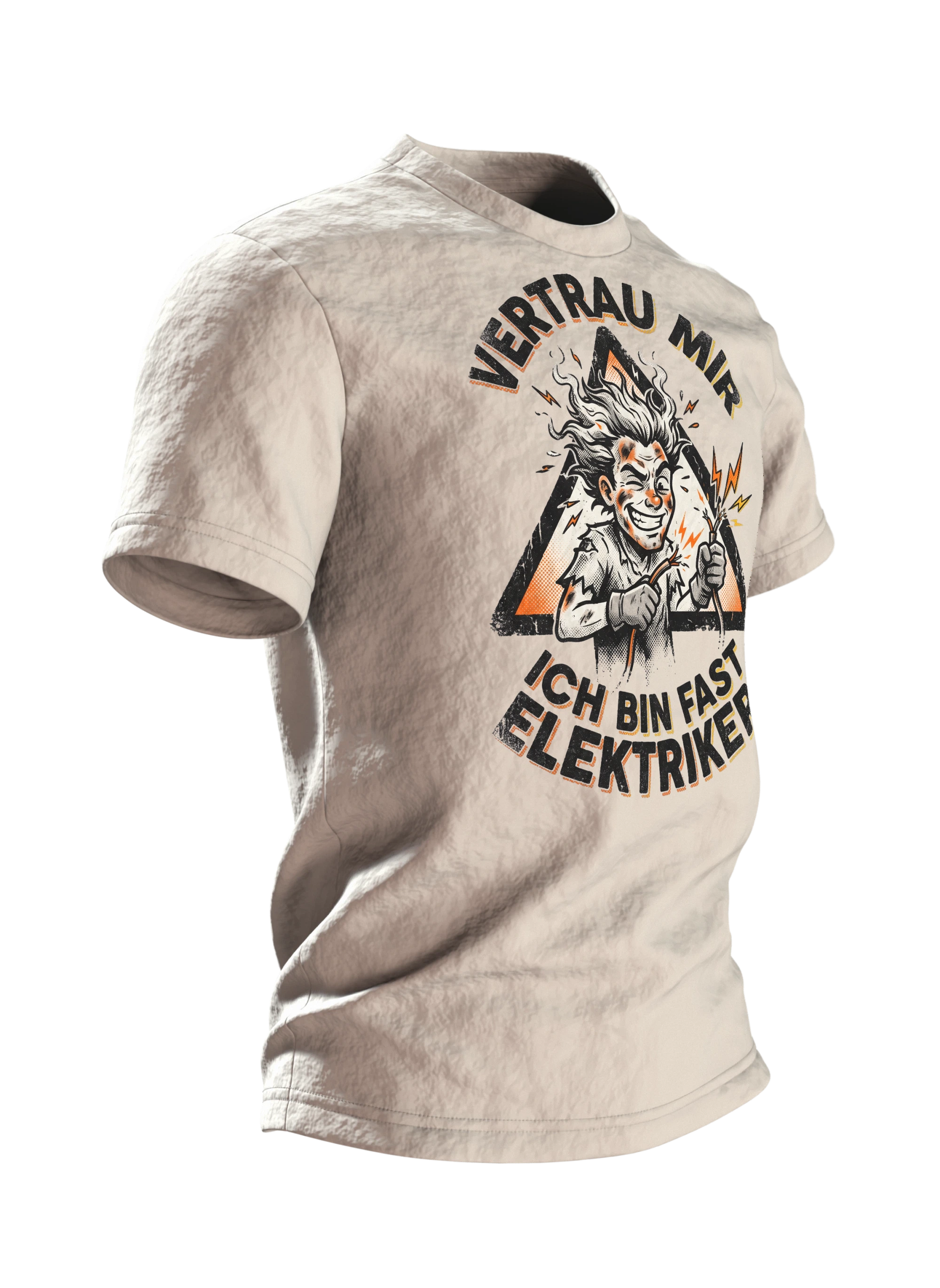 Elektriker Comic T-Shirt "Vertrau mir, ich bin fast Elektriker", versengter Held im Warndreieck, Seitenansicht links