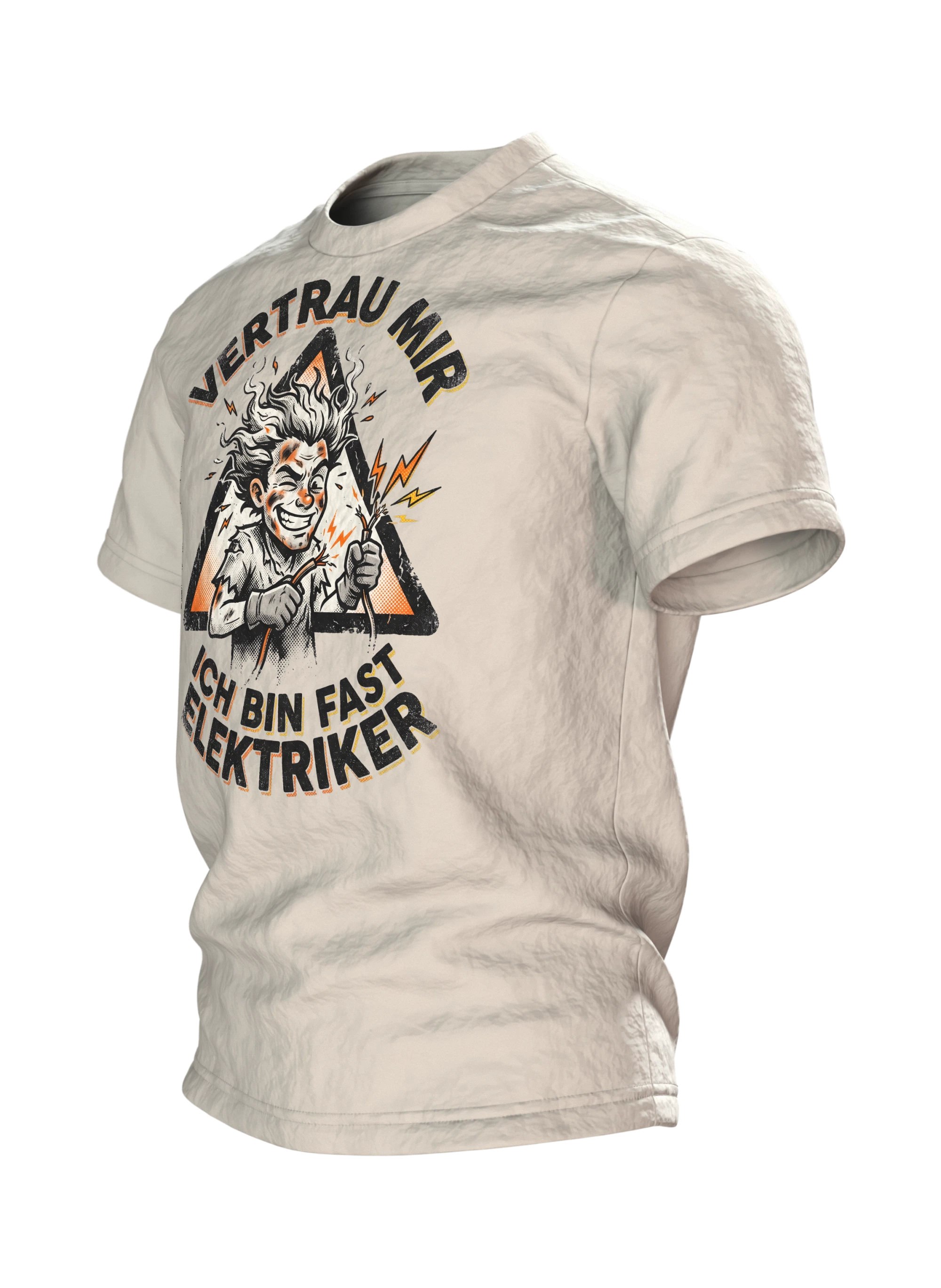 Elektriker Comic T-Shirt "Vertrau mir, ich bin fast Elektriker", versengter Held im Warndreieck, Seitenansicht rechts