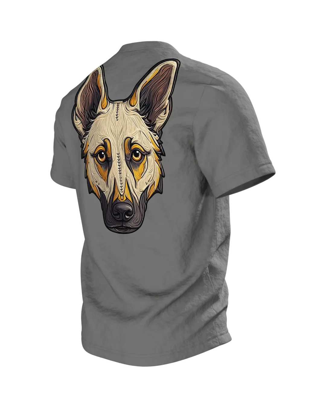 Schäferhund Wappen T-Shirt in Stickerei-Optik, Kopf im Schild vorn, genähtes Porträt am Rücken, Rückseite schräg links
