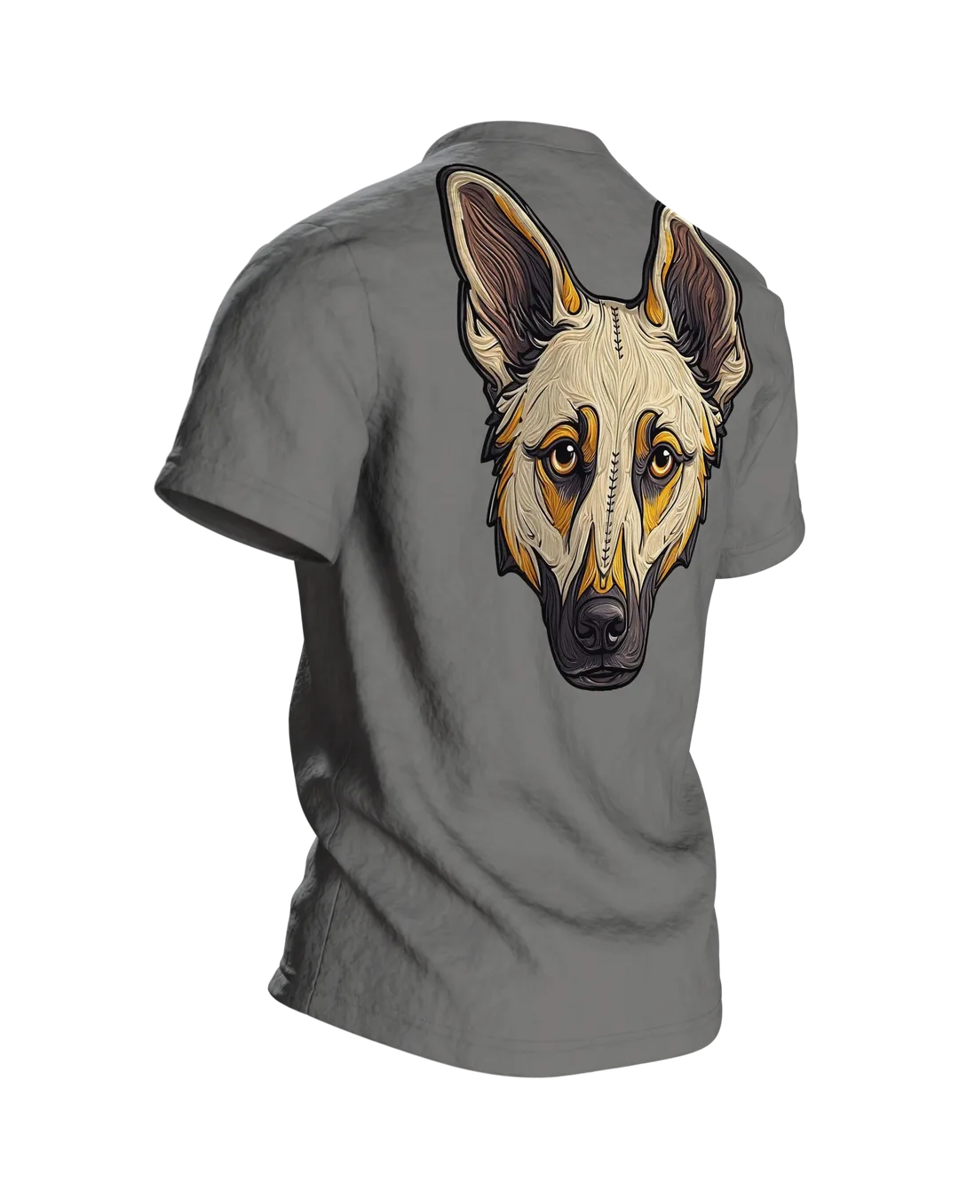 Schäferhund Wappen T-Shirt in Stickerei-Optik, Kopf im Schild vorn, genähtes Porträt am Rücken, Rückseite schräg rechts
