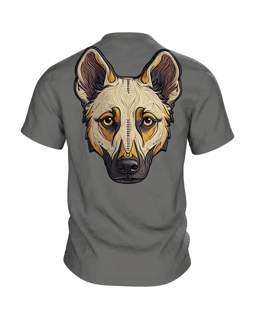 Schäferhund Wappen T-Shirt in Stickerei-Optik, Kopf im Schild vorn, genähtes Porträt am Rücken, Rückseite