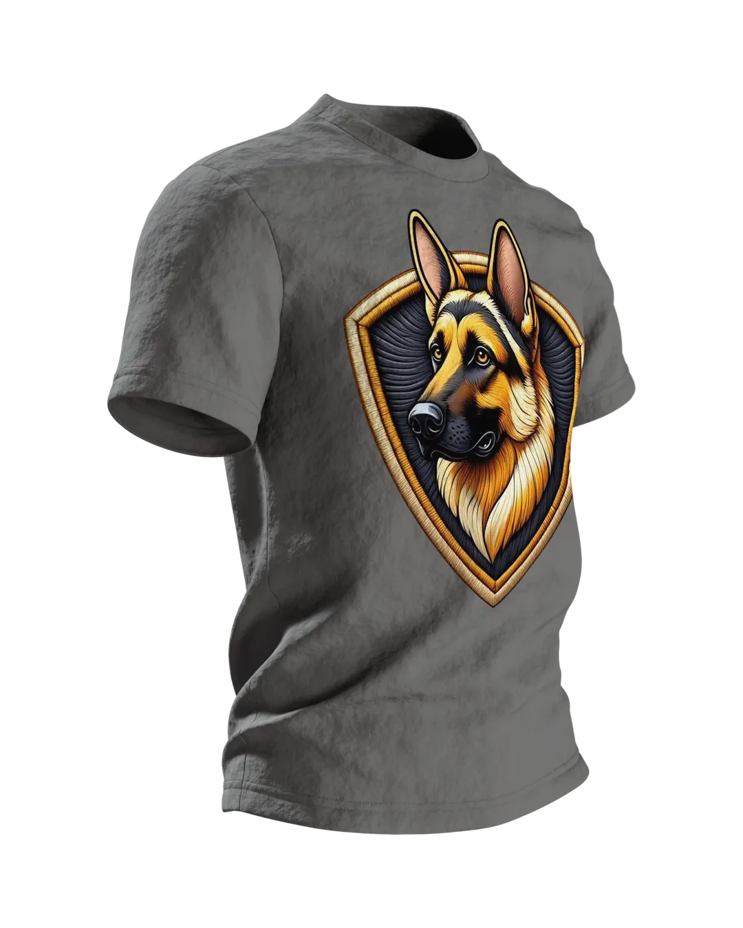 Schäferhund Wappen T-Shirt in Stickerei-Optik, Kopf im Schild vorn, genähtes Porträt am Rücken, Seitenansicht links