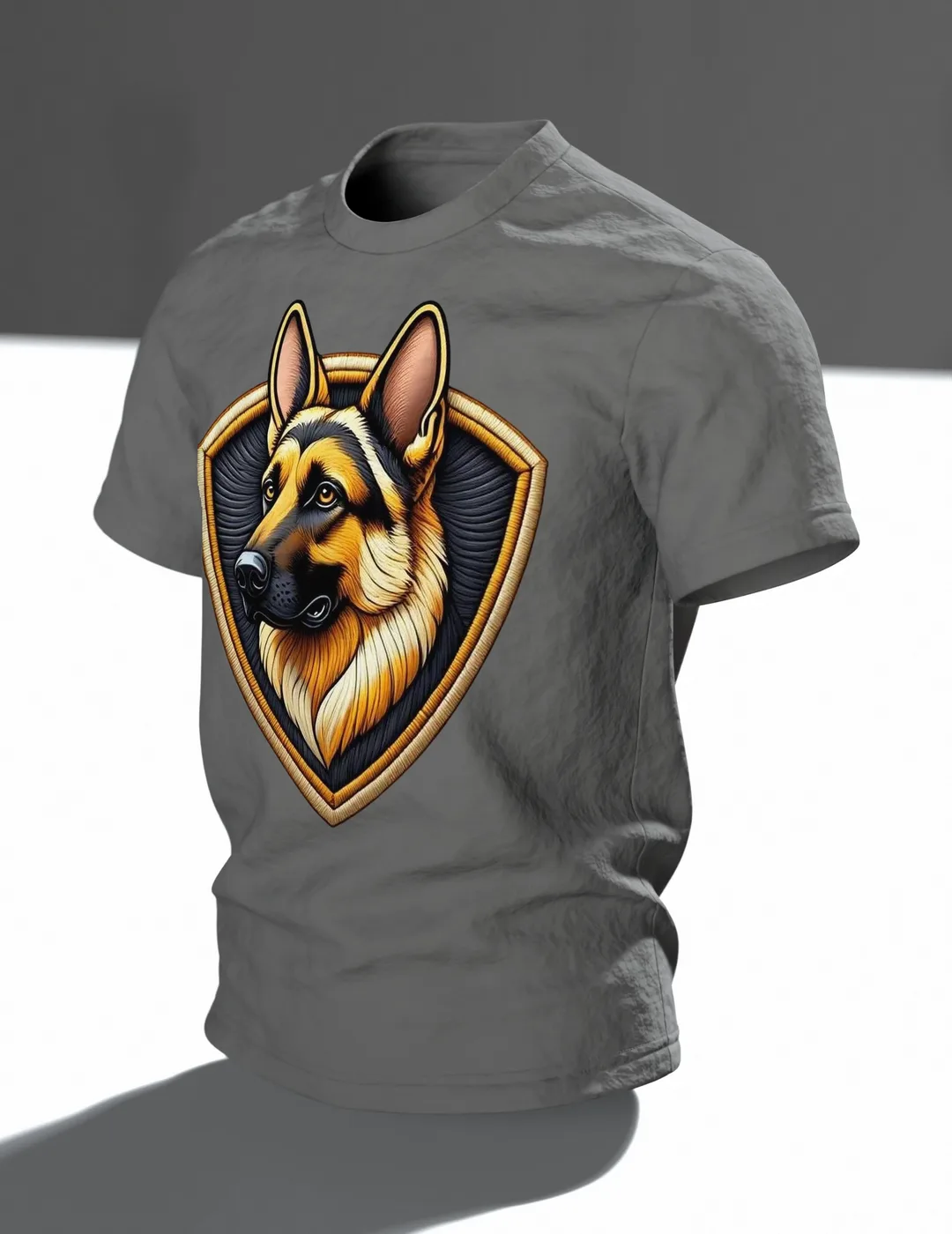 Schäferhund Wappen T-Shirt in Stickerei-Optik, Kopf im Schild vorn, genähtes Porträt am Rücken, Im Raum, schräg