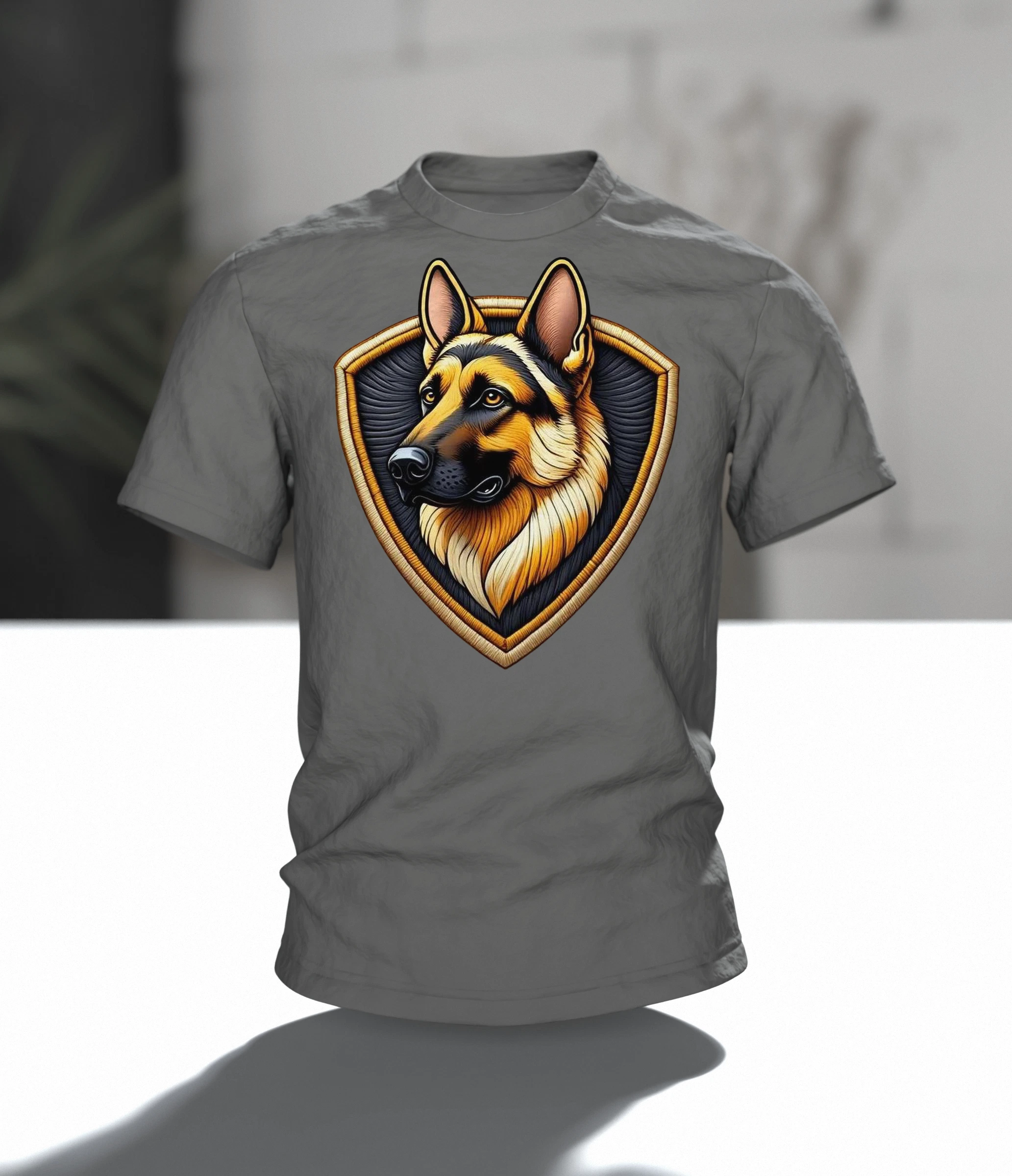 Schäferhund Wappen T-Shirt in Stickerei-Optik, Kopf im Schild vorn, genähtes Porträt am Rücken, Im Raum