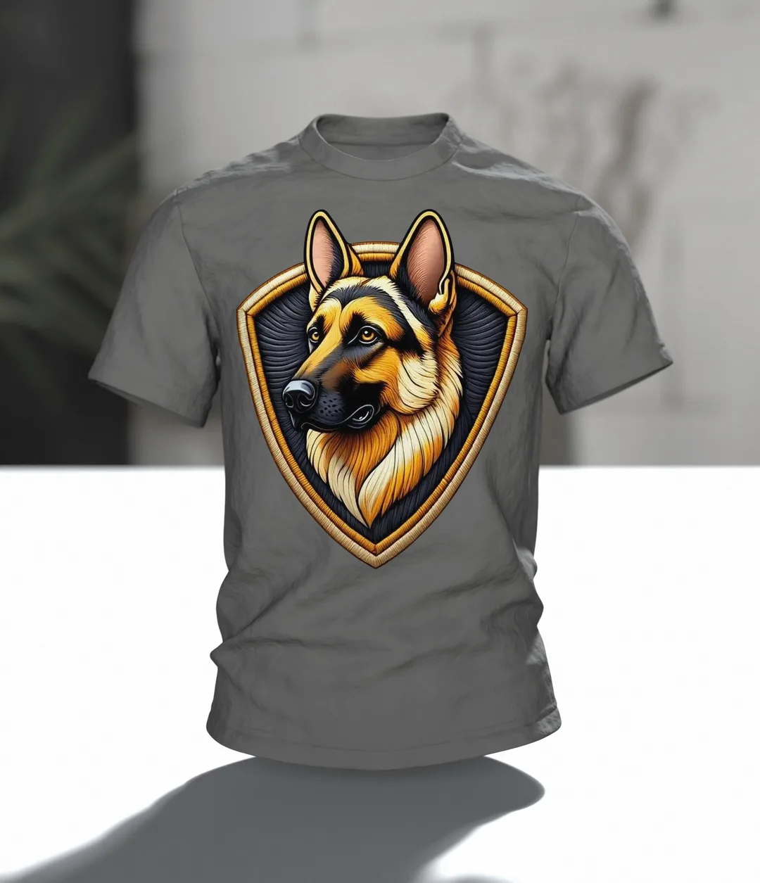 Schäferhund Wappen T-Shirt in Stickerei-Optik, Kopf im Schild vorn, genähtes Porträt am Rücken, Im Raum