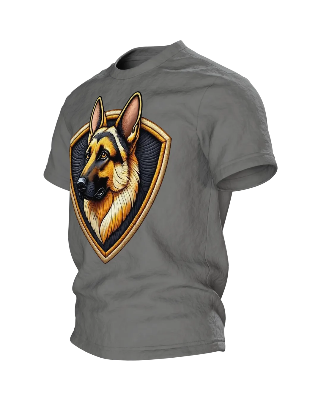 Schäferhund Wappen T-Shirt in Stickerei-Optik, Kopf im Schild vorn, genähtes Porträt am Rücken, Seitenansicht rechts