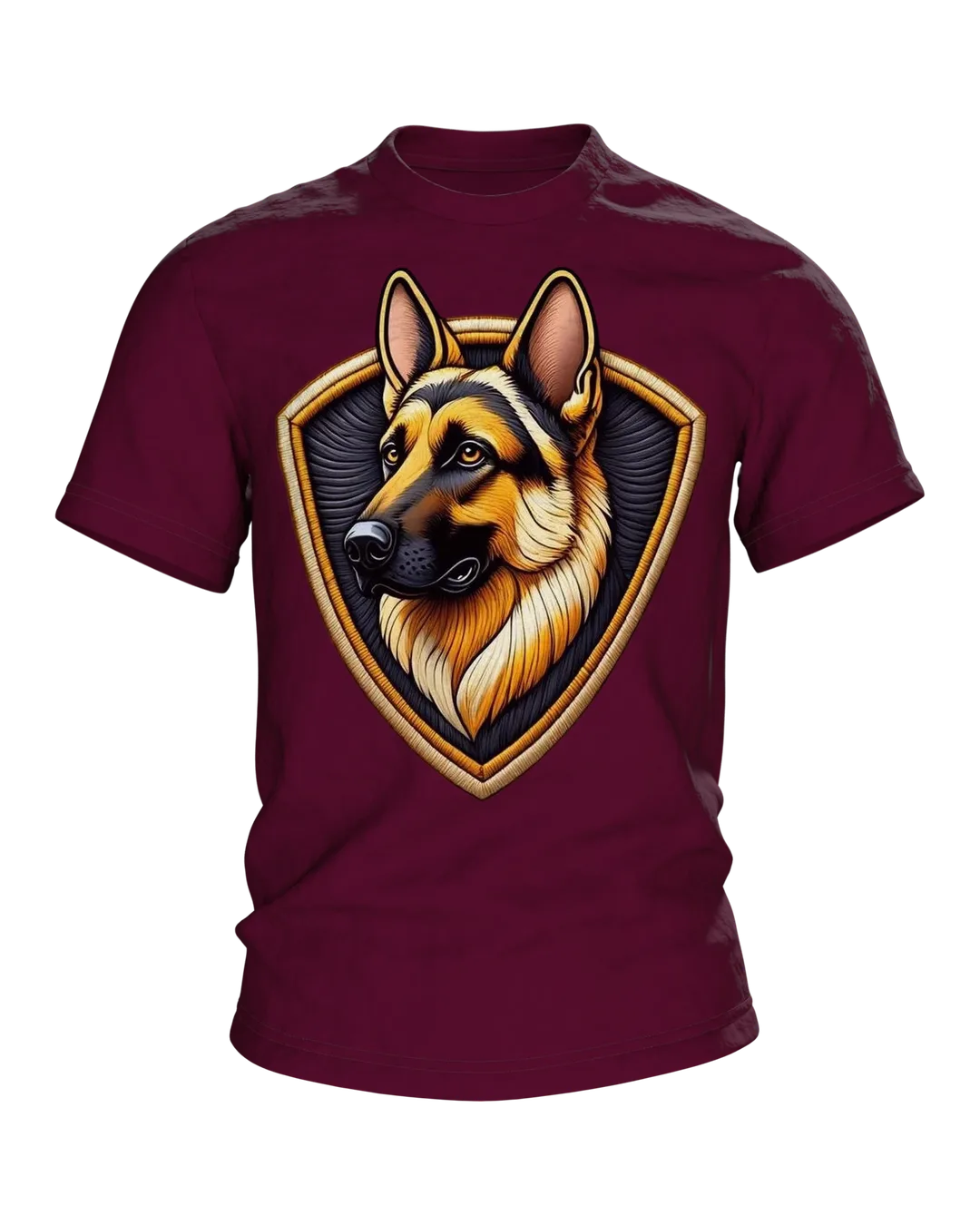 Schäferhund Wappen T-Shirt in Stickerei-Optik, Kopf im Schild vorn, genähtes Porträt am Rücken