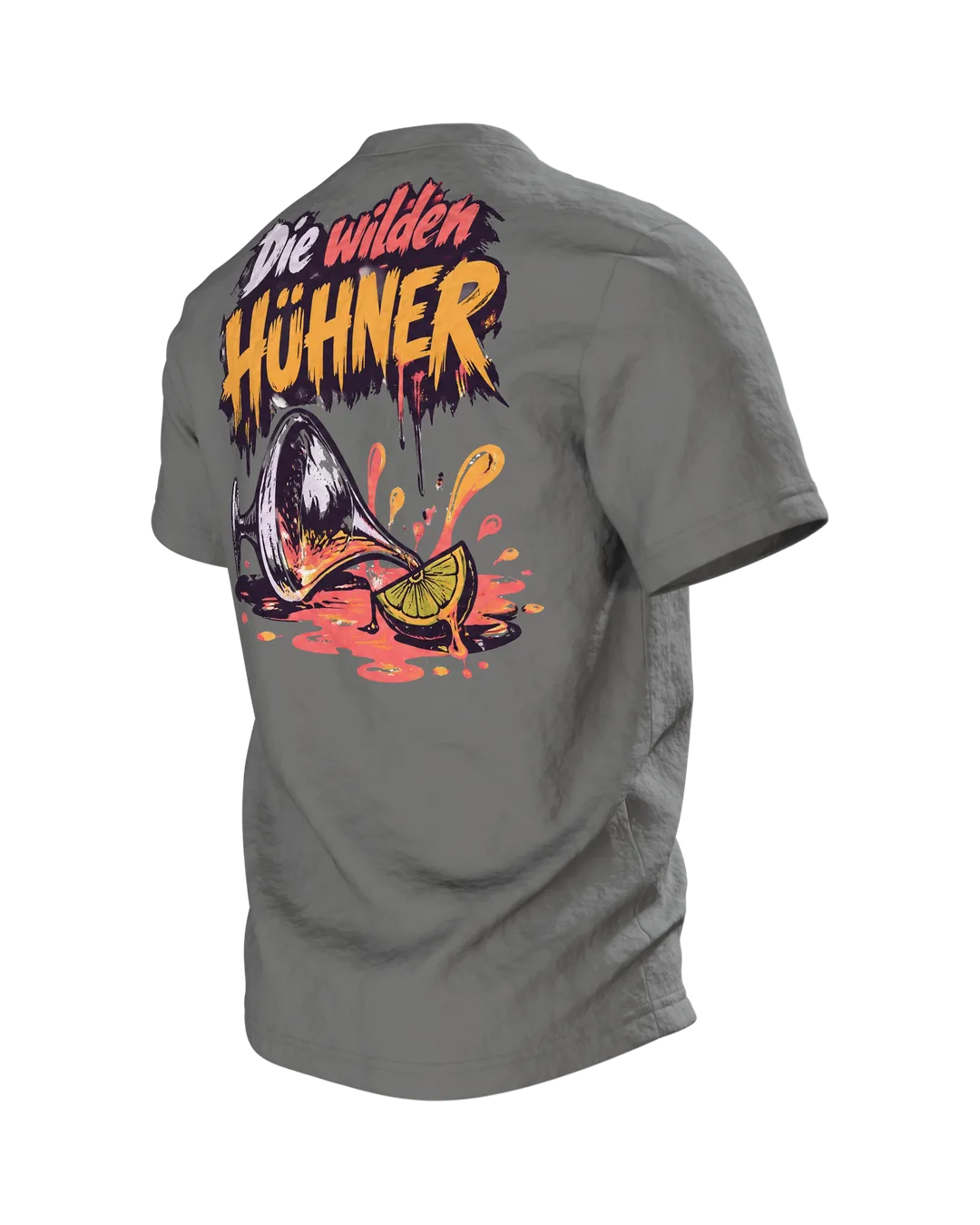 Ein Korn fürs wilde Huhn T-Shirt: Party-Hahn mit Sonnenbrille und Cocktail, Pinselschrift, Rückenprint, Rückseite schräg links