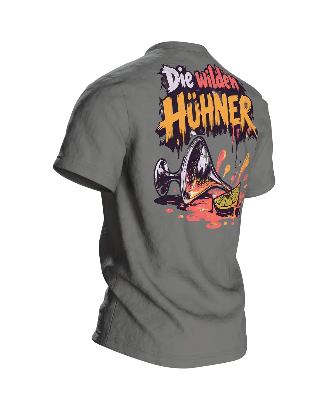 Ein Korn fürs wilde Huhn T-Shirt: Party-Hahn mit Sonnenbrille und Cocktail, Pinselschrift, Rückenprint, Rückseite schräg rechts
