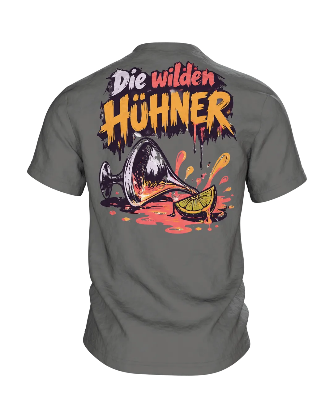 Ein Korn fürs wilde Huhn T-Shirt: Party-Hahn mit Sonnenbrille und Cocktail, Pinselschrift, Rückenprint, Rückseite