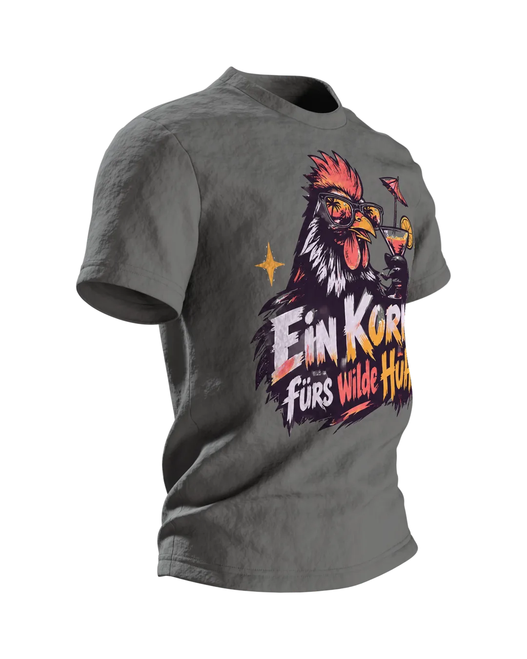Ein Korn fürs wilde Huhn T-Shirt: Party-Hahn mit Sonnenbrille und Cocktail, Pinselschrift, Rückenprint, Seitenansicht links