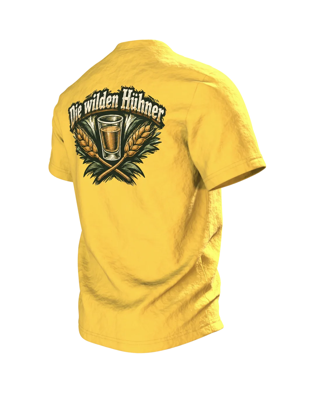 Heute wird nicht gegackert, heute wird gebechert T-Shirt: Hahn mit Bierkrug im Holzschnitt-Stil, Rückenprint, Rückseite schräg links