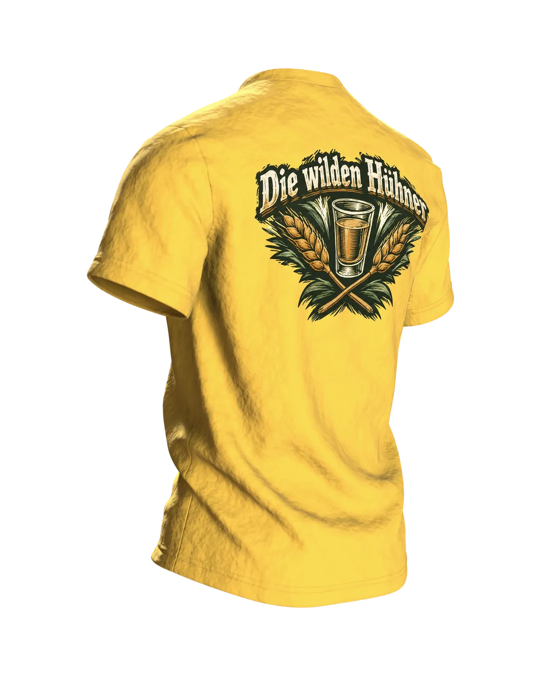 Heute wird nicht gegackert, heute wird gebechert T-Shirt: Hahn mit Bierkrug im Holzschnitt-Stil, Rückenprint, Rückseite schräg rechts