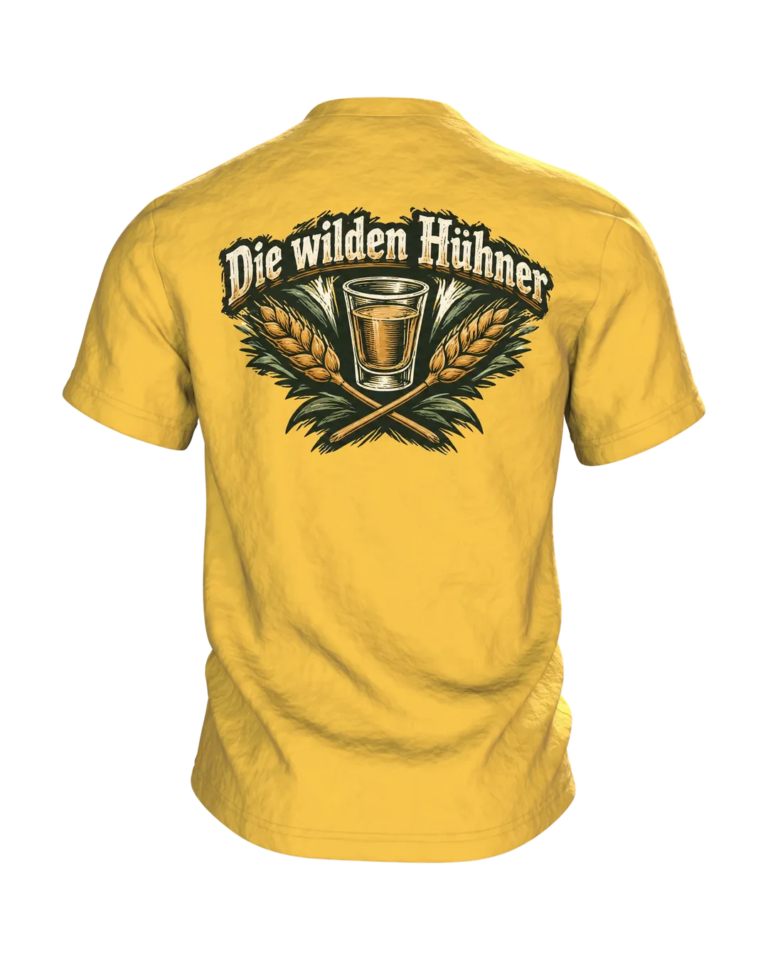 Heute wird nicht gegackert, heute wird gebechert T-Shirt: Hahn mit Bierkrug im Holzschnitt-Stil, Rückenprint, Rückseite