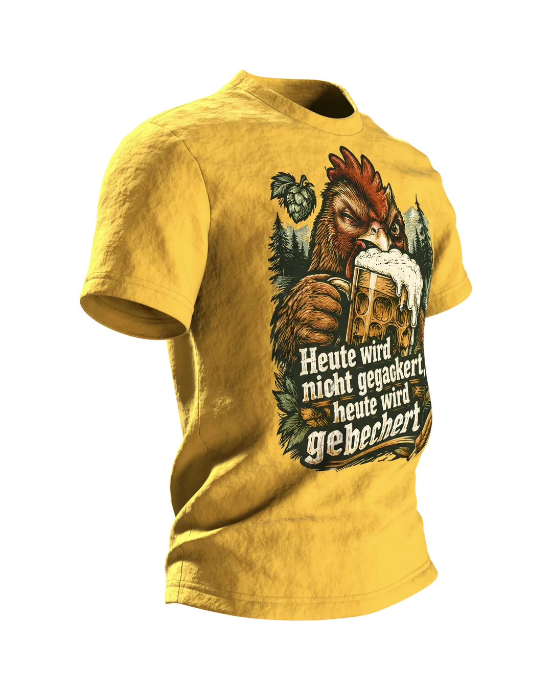 Heute wird nicht gegackert, heute wird gebechert T-Shirt: Hahn mit Bierkrug im Holzschnitt-Stil, Rückenprint, Seitenansicht links