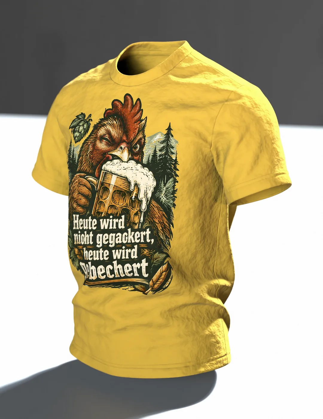Heute wird nicht gegackert, heute wird gebechert T-Shirt: Hahn mit Bierkrug im Holzschnitt-Stil, Rückenprint, Im Raum, schräg