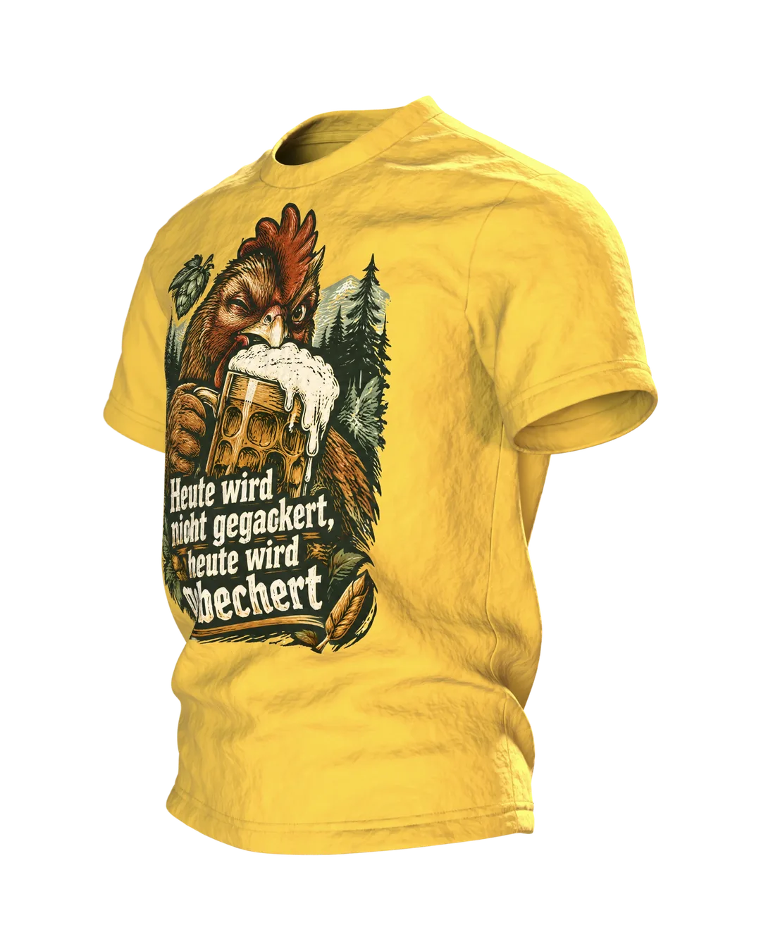 Heute wird nicht gegackert, heute wird gebechert T-Shirt: Hahn mit Bierkrug im Holzschnitt-Stil, Rückenprint, Seitenansicht rechts