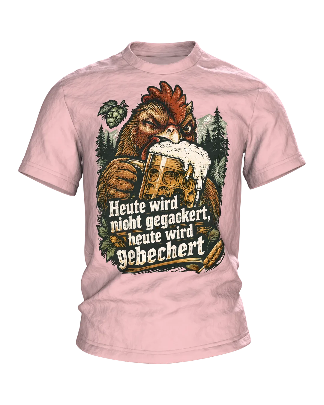 Heute wird nicht gegackert, heute wird gebechert T-Shirt: Hahn mit Bierkrug im Holzschnitt-Stil, Rückenprint