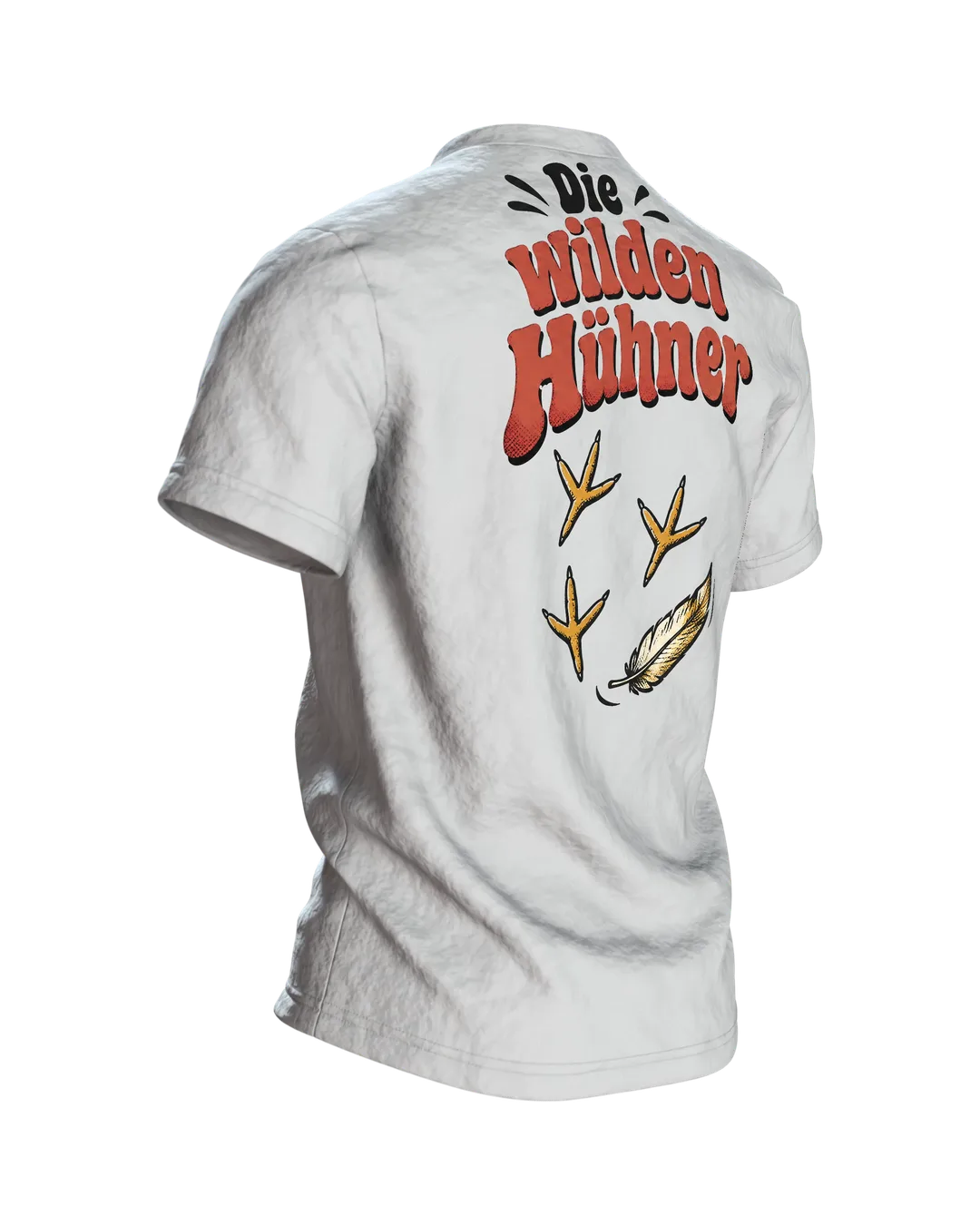 Auch ein blindes Huhn trinkt mal einen Korn T-Shirt: Retro-Huhn mit Cocktail, Saufspruch vorn, Rückenprint, Rückseite schräg rechts