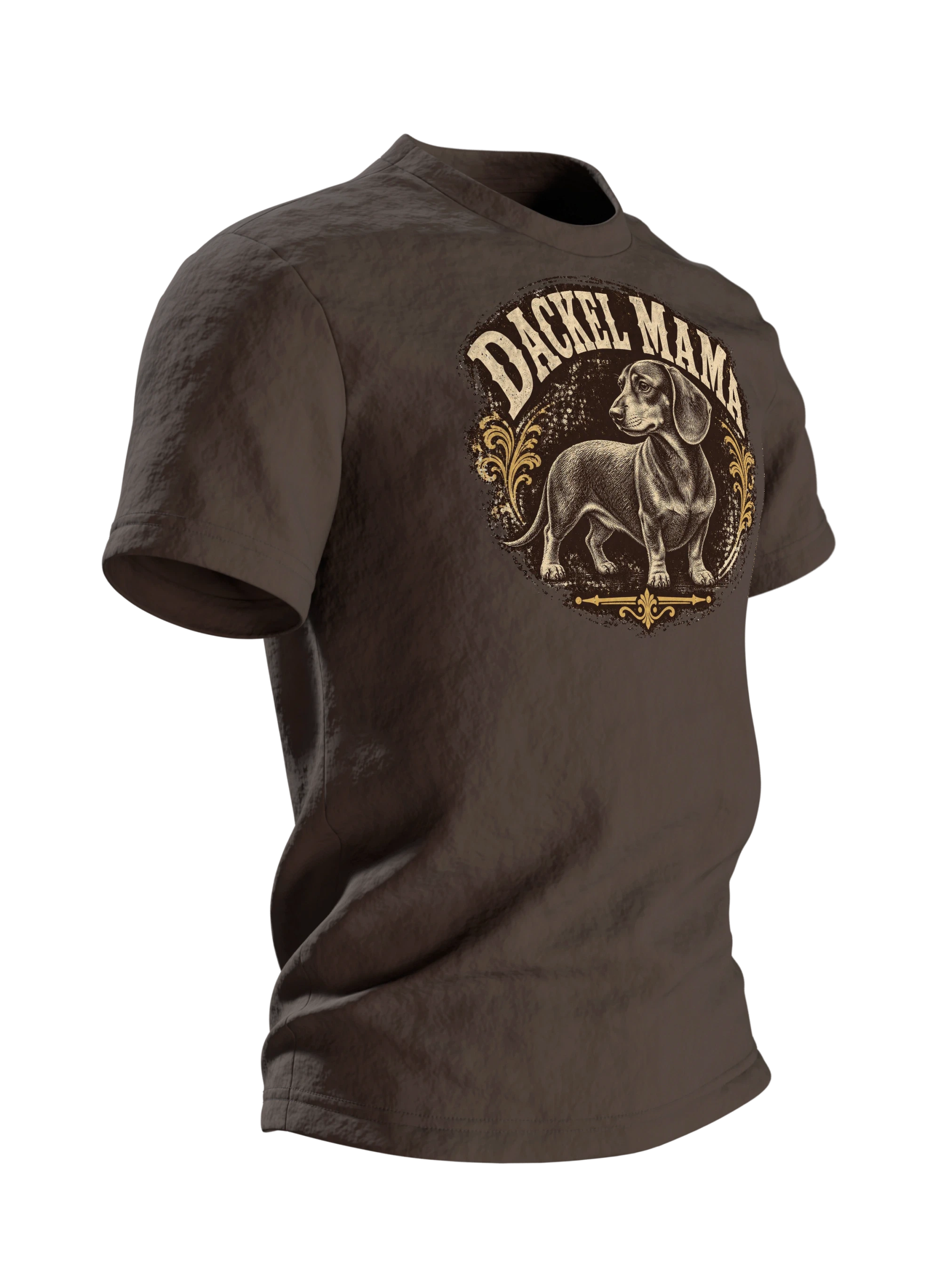 Dackel Mama T-Shirt, Vintage Gravur-Emblem im Used-Look mit Pfoten-Stempel, Seitenansicht links