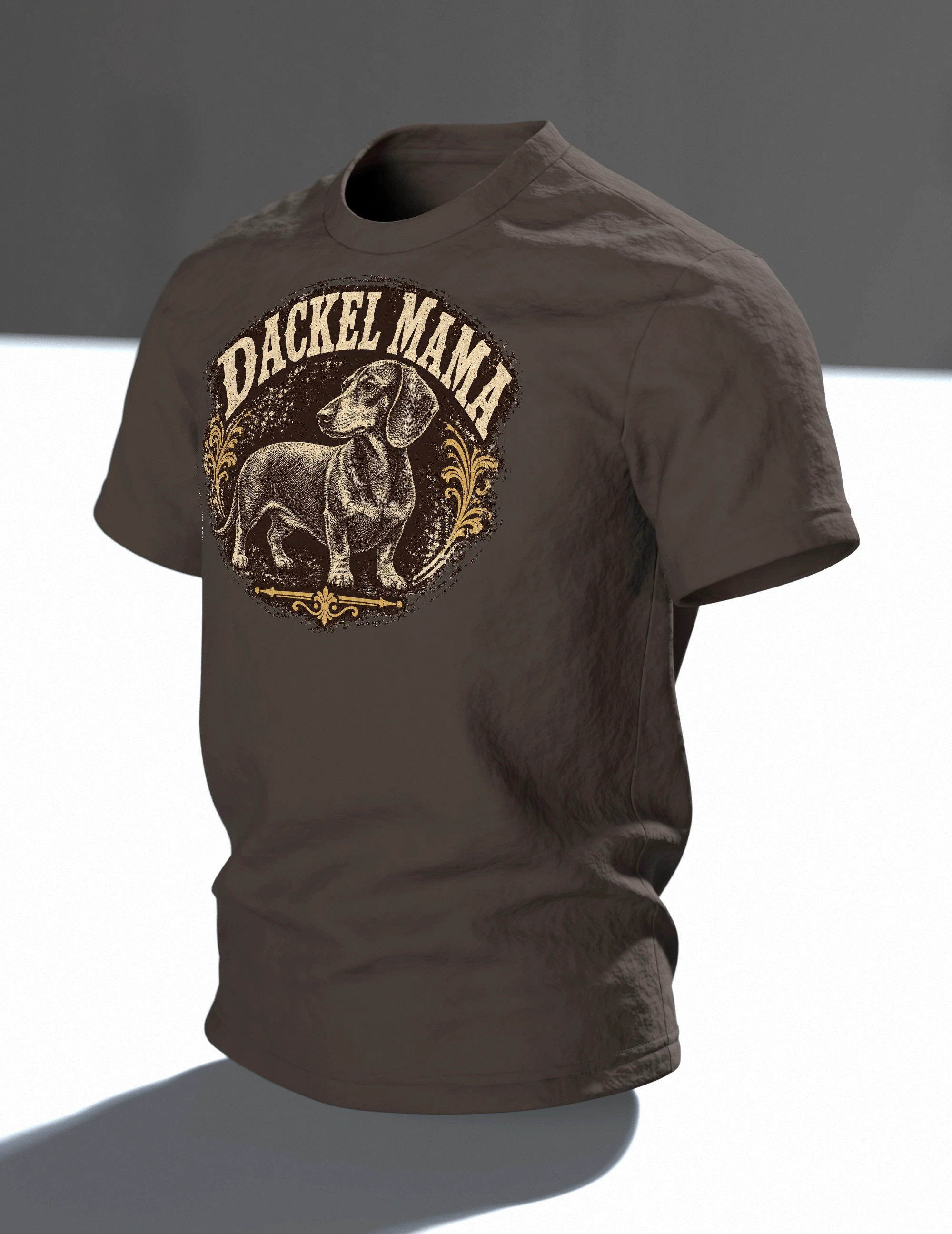 Dackel Mama T-Shirt, Vintage Gravur-Emblem im Used-Look mit Pfoten-Stempel, Im Raum, schräg