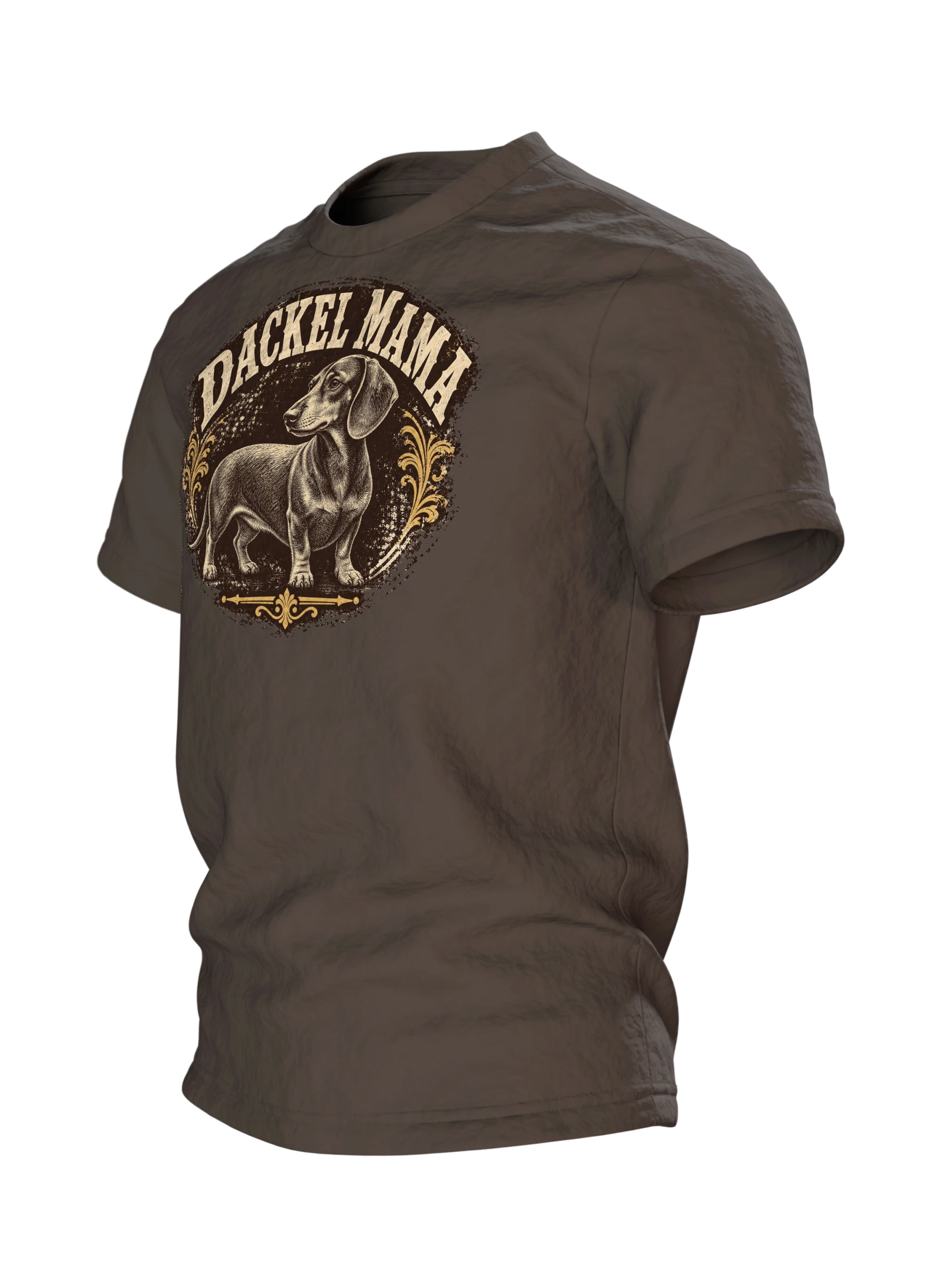 Dackel Mama T-Shirt, Vintage Gravur-Emblem im Used-Look mit Pfoten-Stempel, Seitenansicht rechts