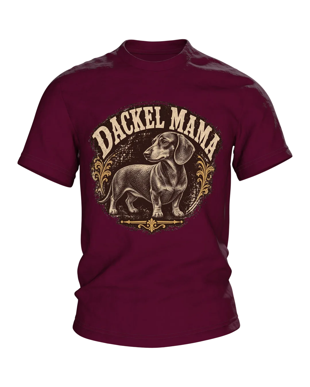 Dackel Mama T-Shirt, Vintage Gravur-Emblem im Used-Look mit Pfoten-Stempel