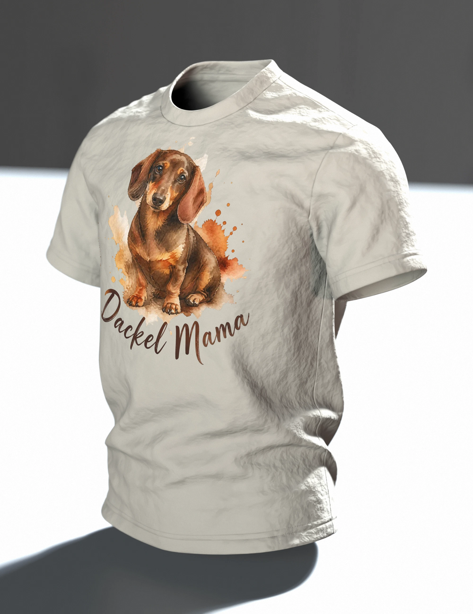 Dackel Mama T-Shirt, Aquarell Dackel Porträt im Herbstlook, Im Raum, schräg