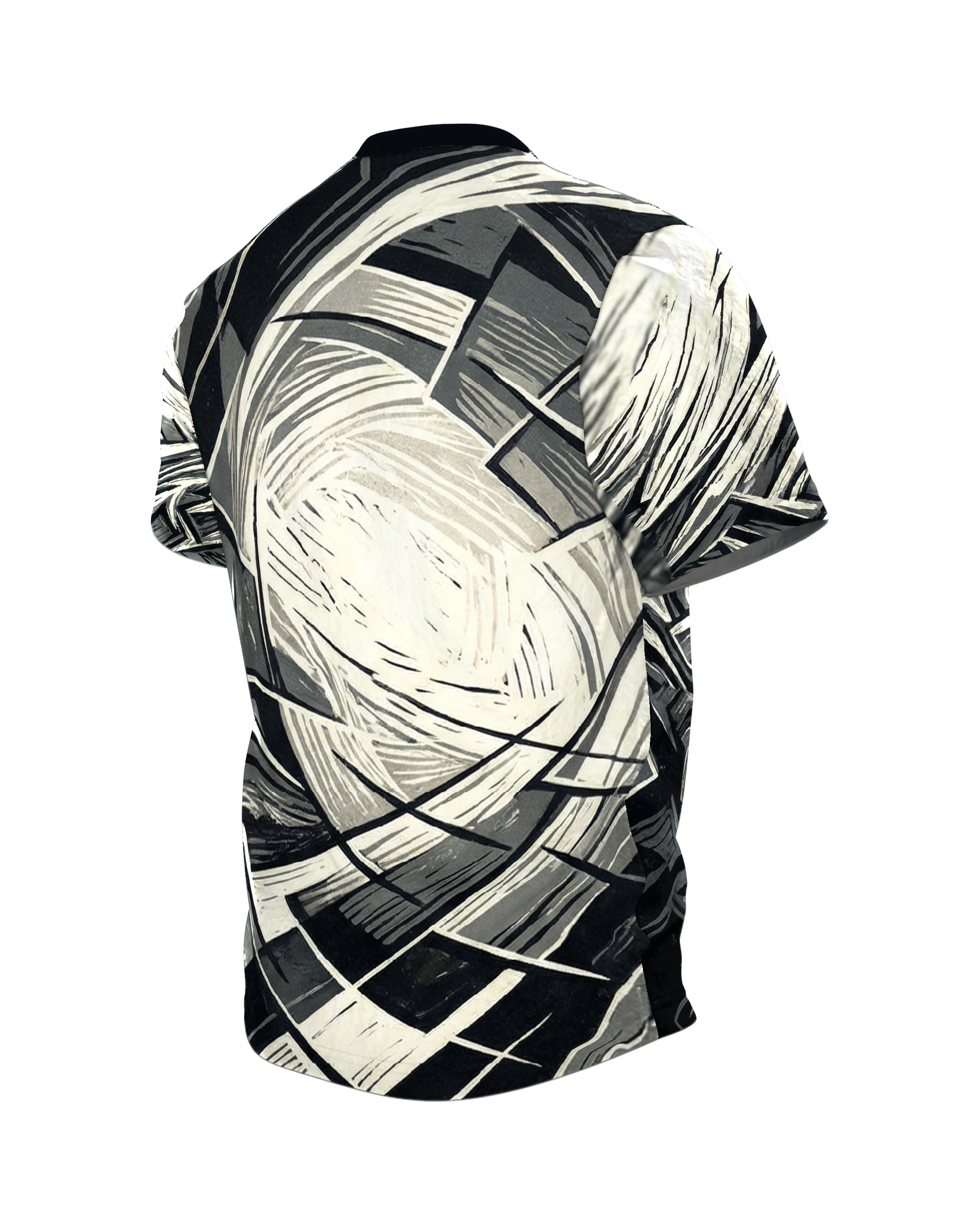 Zersprungenes Achteck T-Shirt, Holzschnitt in Schwarz, Grau und Creme, Splitterfeld vorn, Spirale am Rücken, Rückseite schräg links