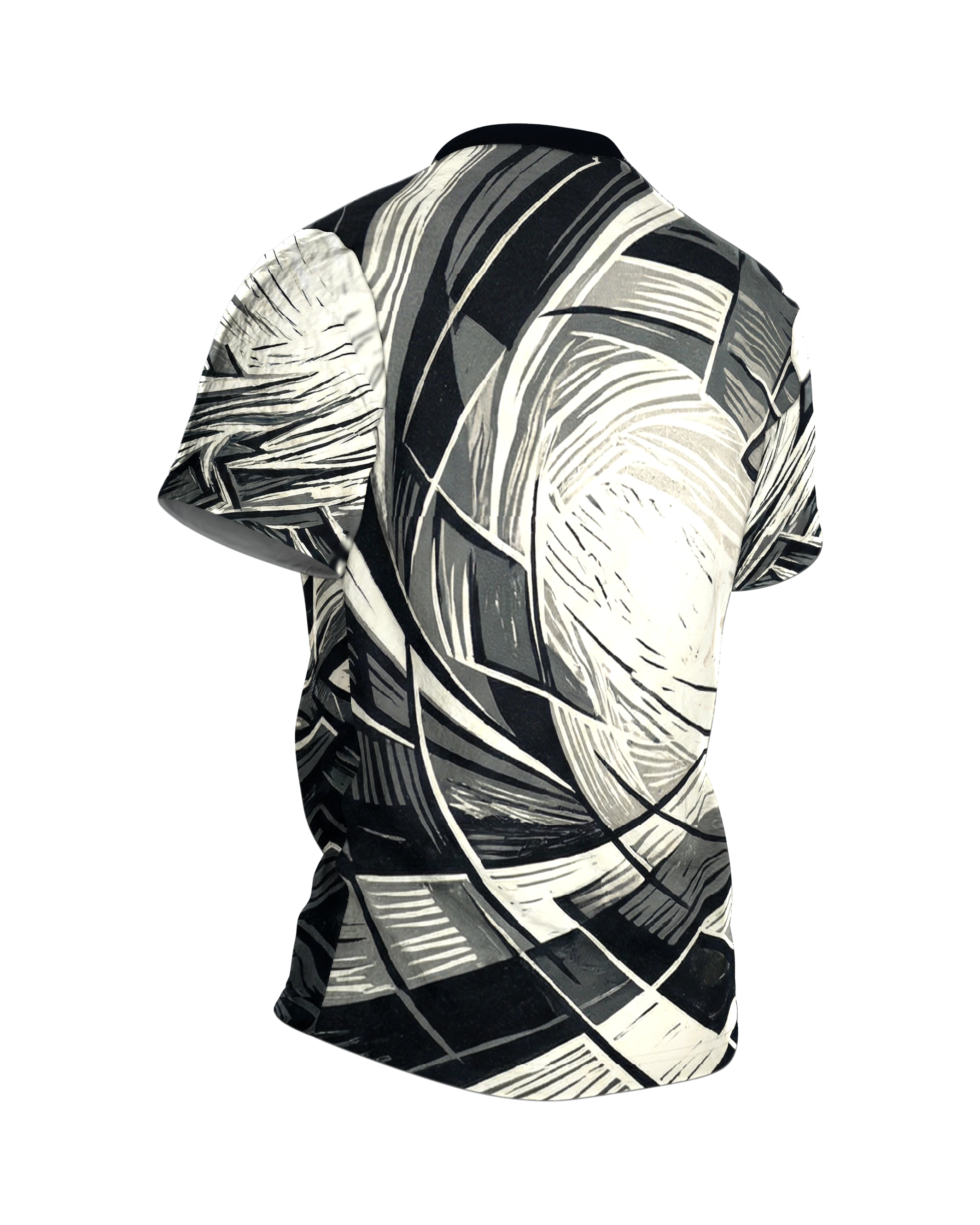 Zersprungenes Achteck T-Shirt, Holzschnitt in Schwarz, Grau und Creme, Splitterfeld vorn, Spirale am Rücken, Rückseite schräg rechts