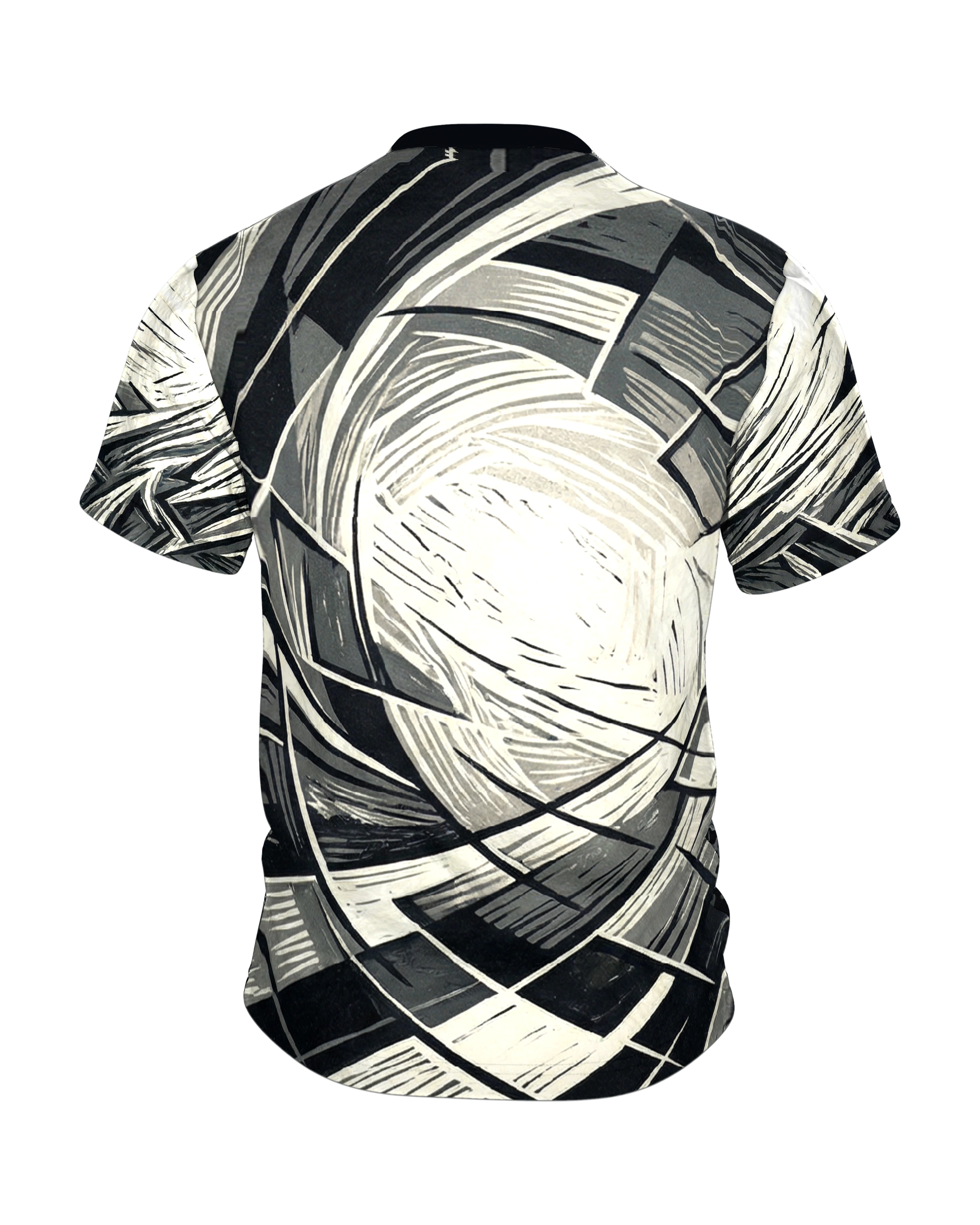 Zersprungenes Achteck T-Shirt, Holzschnitt in Schwarz, Grau und Creme, Splitterfeld vorn, Spirale am Rücken, Rückseite