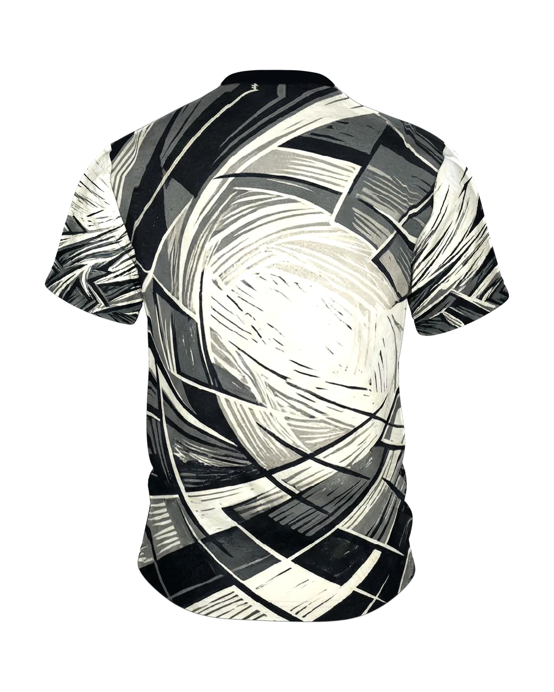Zersprungenes Achteck T-Shirt, Holzschnitt in Schwarz, Grau und Creme, Splitterfeld vorn, Spirale am Rücken, Rückseite