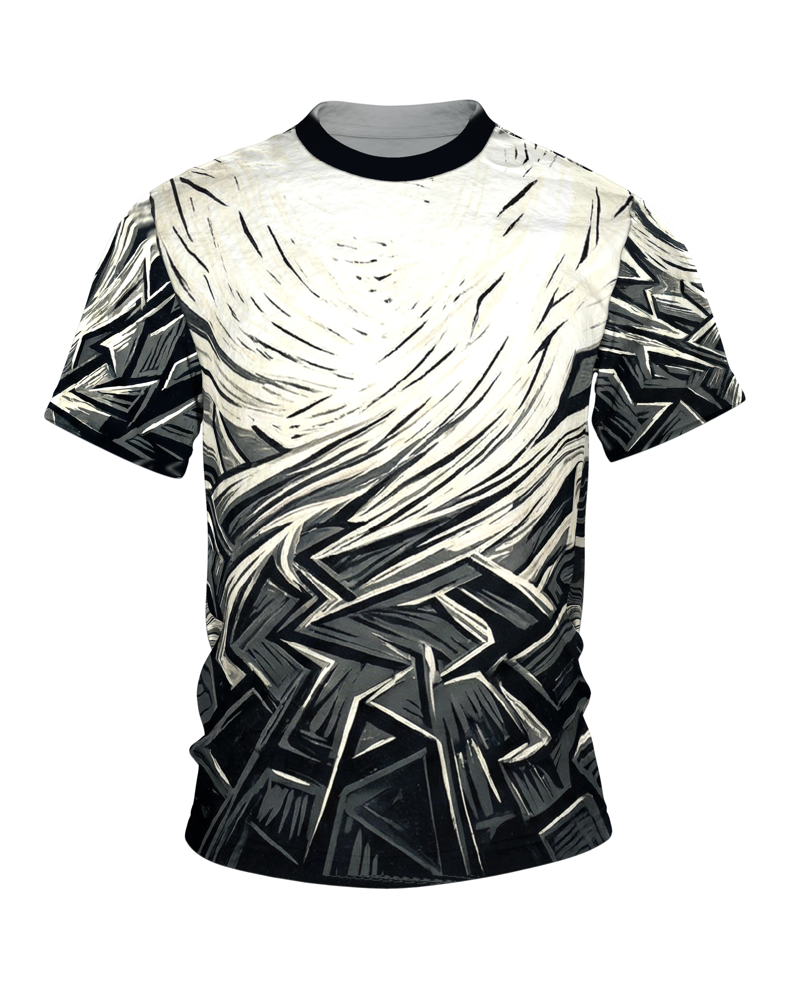 Zersprungenes Achteck T-Shirt, Holzschnitt in Schwarz, Grau und Creme, Splitterfeld vorn, Spirale am Rücken