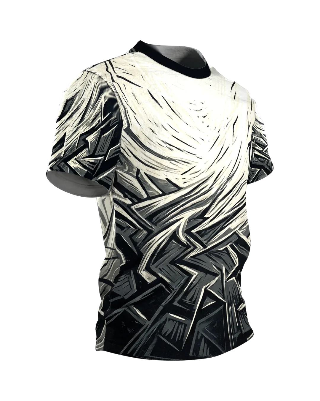 Zersprungenes Achteck T-Shirt, Holzschnitt in Schwarz, Grau und Creme, Splitterfeld vorn, Spirale am Rücken, Seitenansicht links