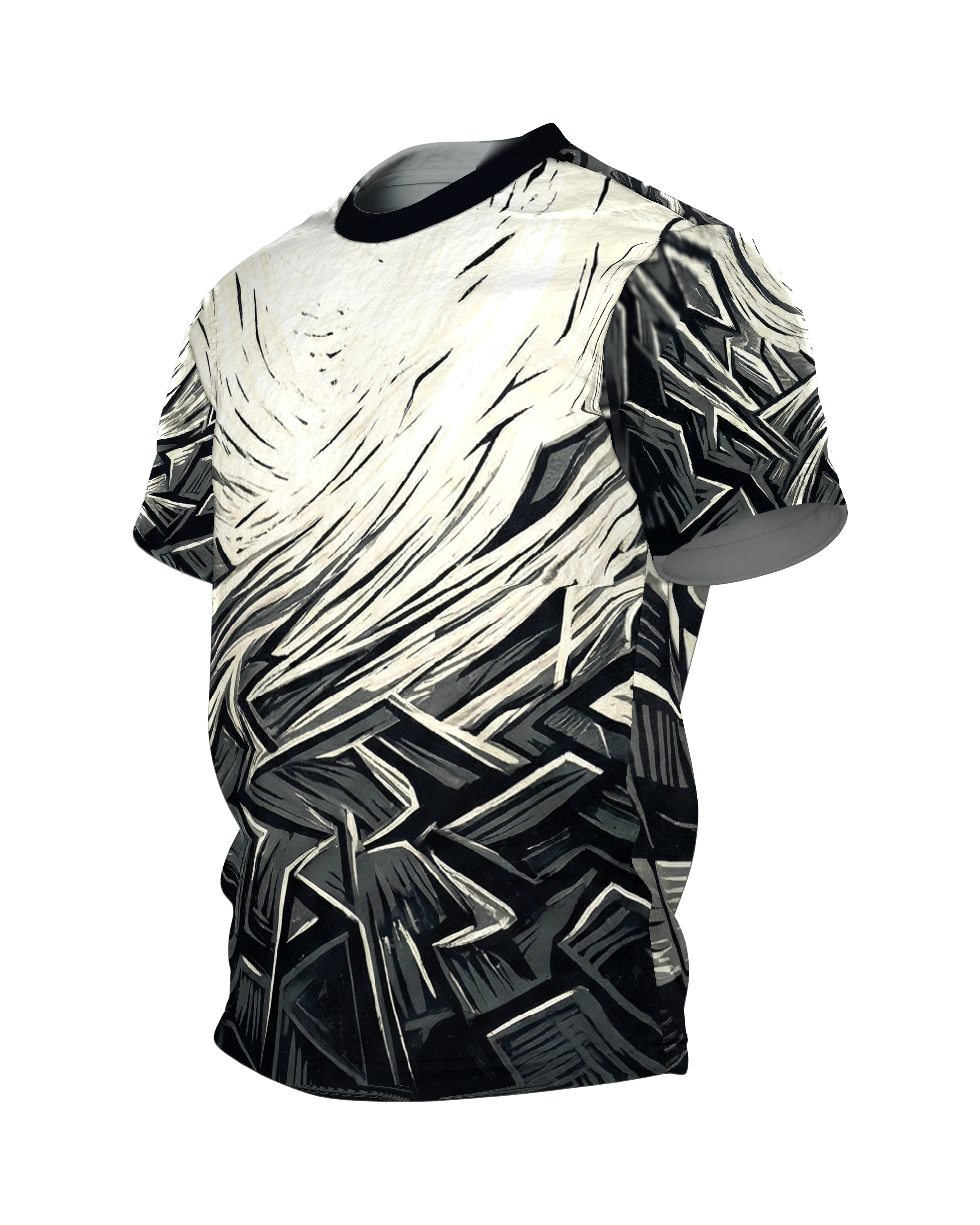 Zersprungenes Achteck T-Shirt, Holzschnitt in Schwarz, Grau und Creme, Splitterfeld vorn, Spirale am Rücken, Seitenansicht rechts