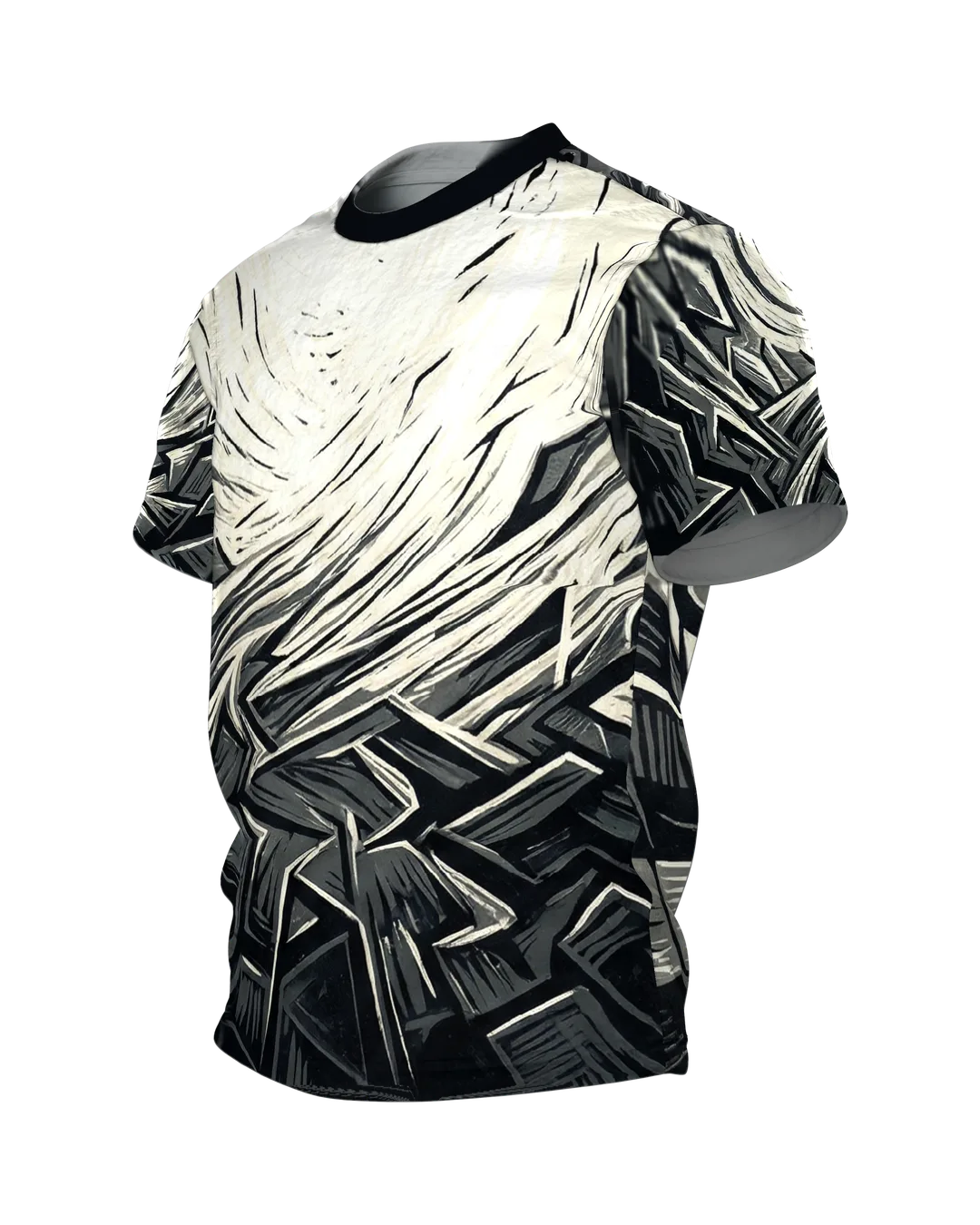 Zersprungenes Achteck T-Shirt, Holzschnitt in Schwarz, Grau und Creme, Splitterfeld vorn, Spirale am Rücken, Seitenansicht rechts