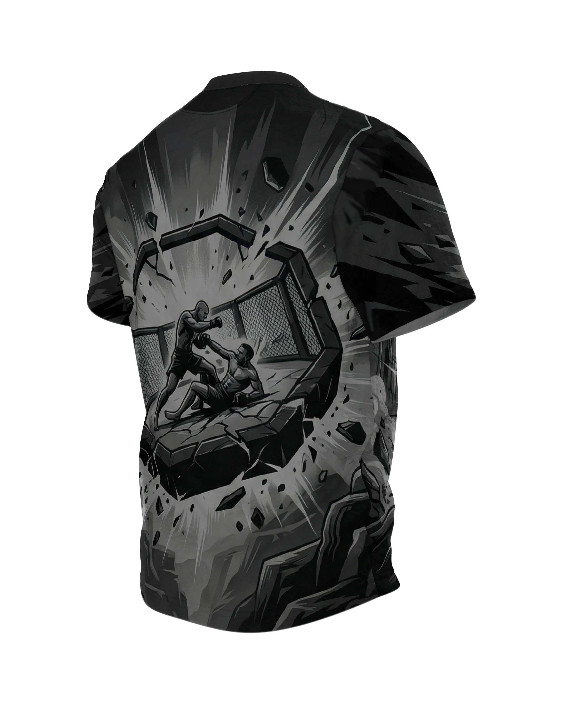 MMA Käfigkampf in der Steinarena, monochromes Comic Fight Shirt mit Bodenkampf am Rücken, Rückseite schräg links