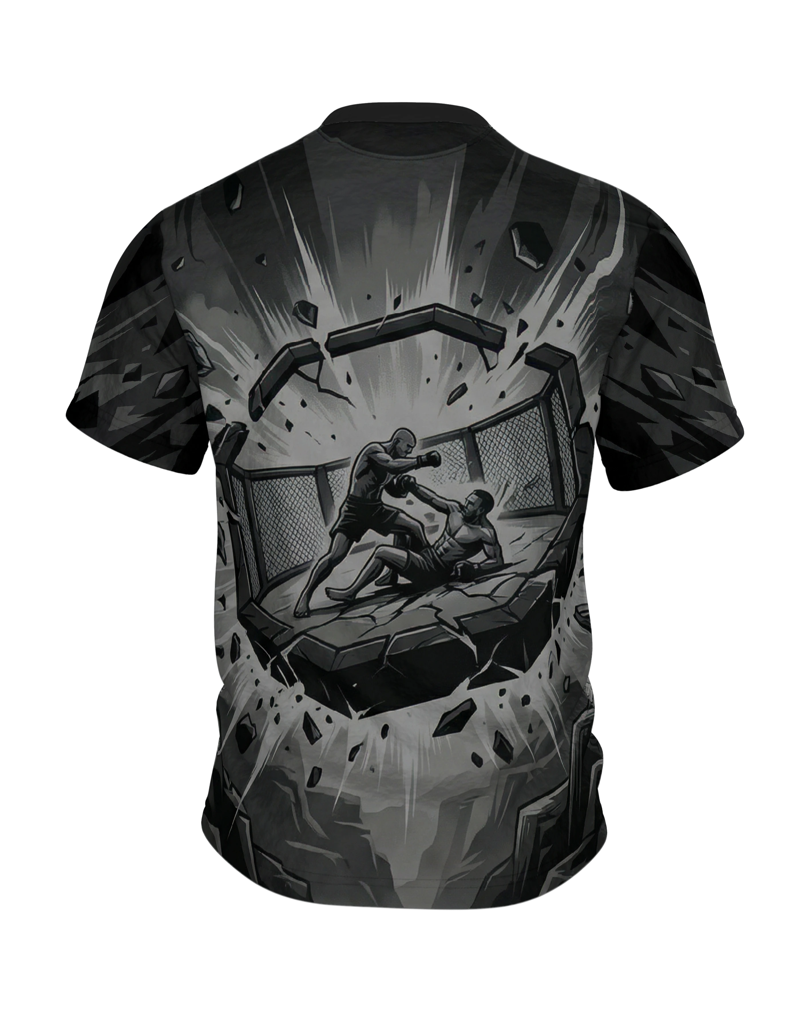 MMA Käfigkampf in der Steinarena, monochromes Comic Fight Shirt mit Bodenkampf am Rücken, Rückseite