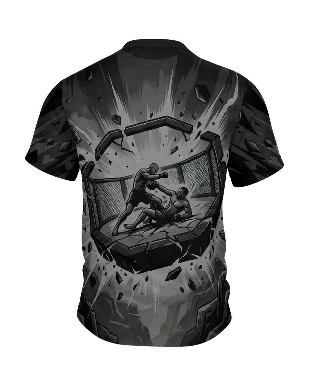 MMA Käfigkampf in der Steinarena, monochromes Comic Fight Shirt mit Bodenkampf am Rücken, Rückseite