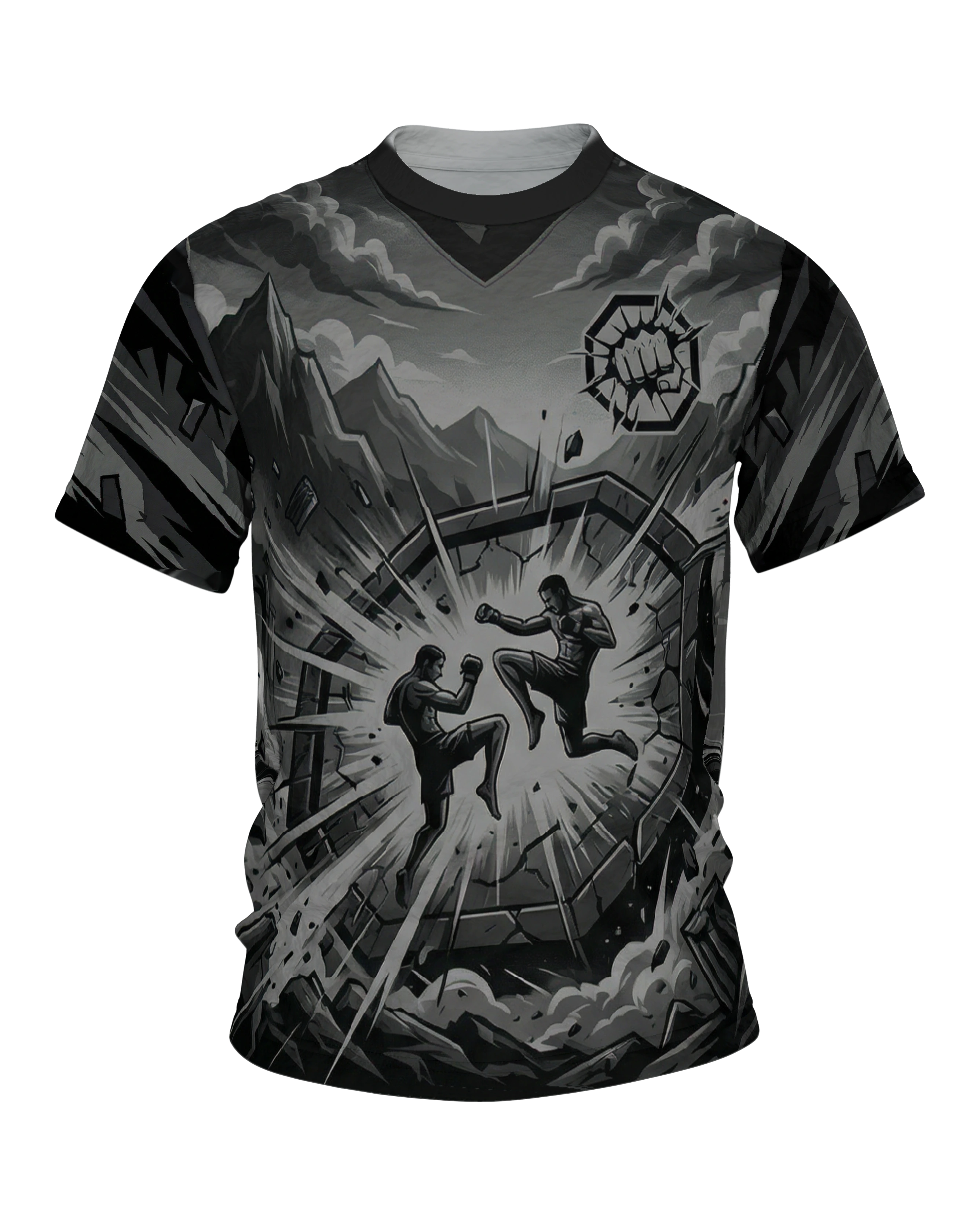 MMA Käfigkampf in der Steinarena, monochromes Comic Fight Shirt mit Bodenkampf am Rücken