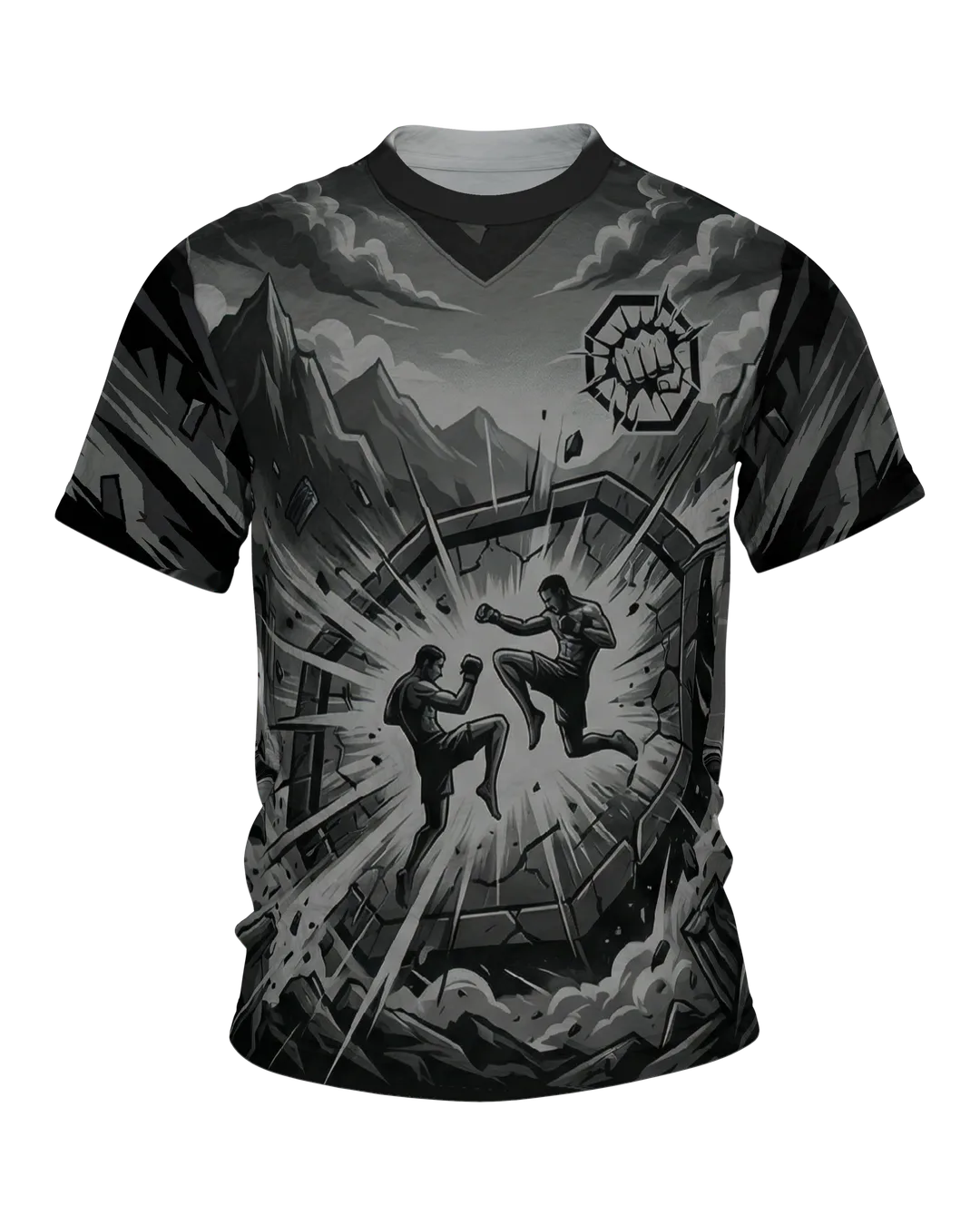 MMA Käfigkampf in der Steinarena, monochromes Comic Fight Shirt mit Bodenkampf am Rücken